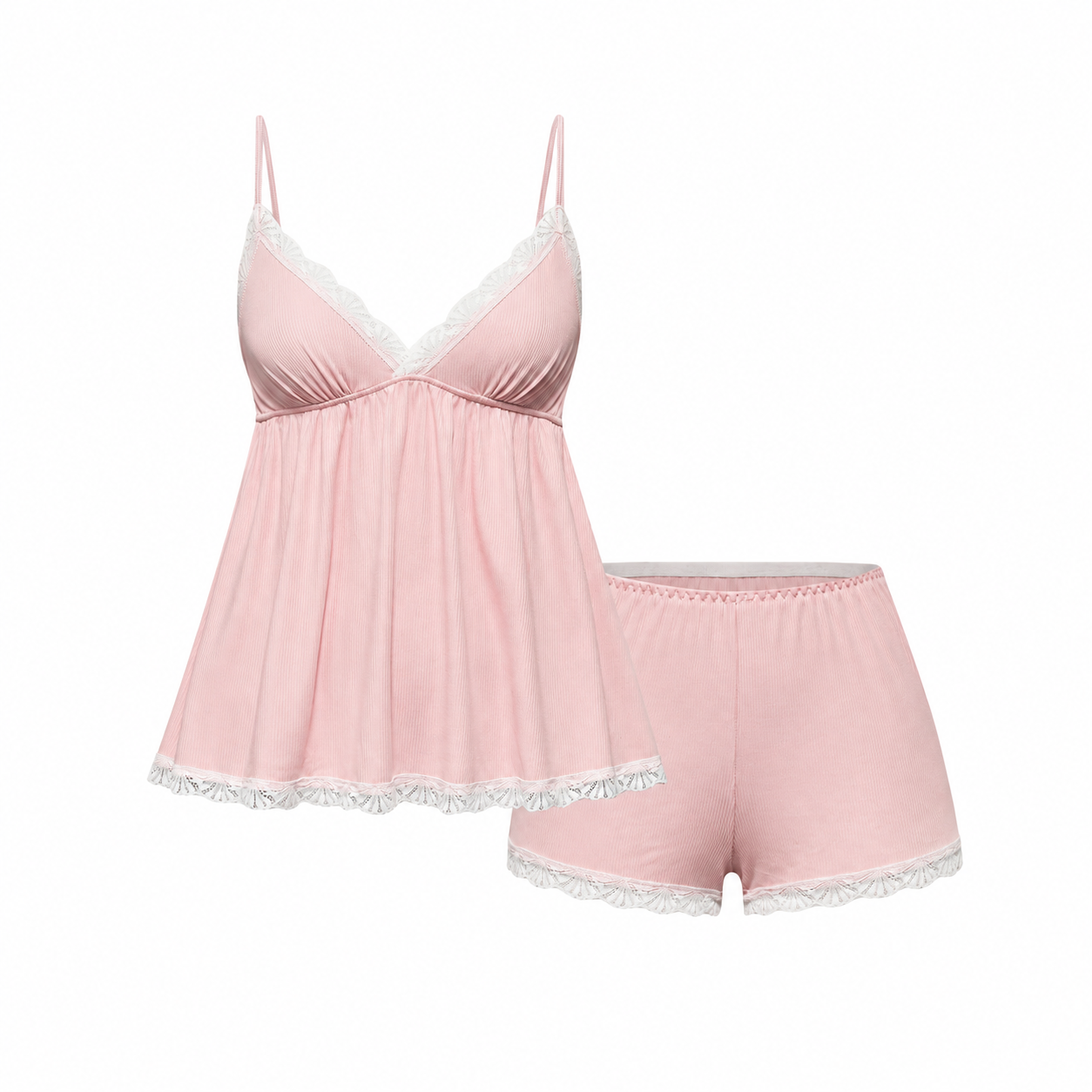 Ribbed Lace Camisole and Shorts 2 Piece Pajama Set for Women