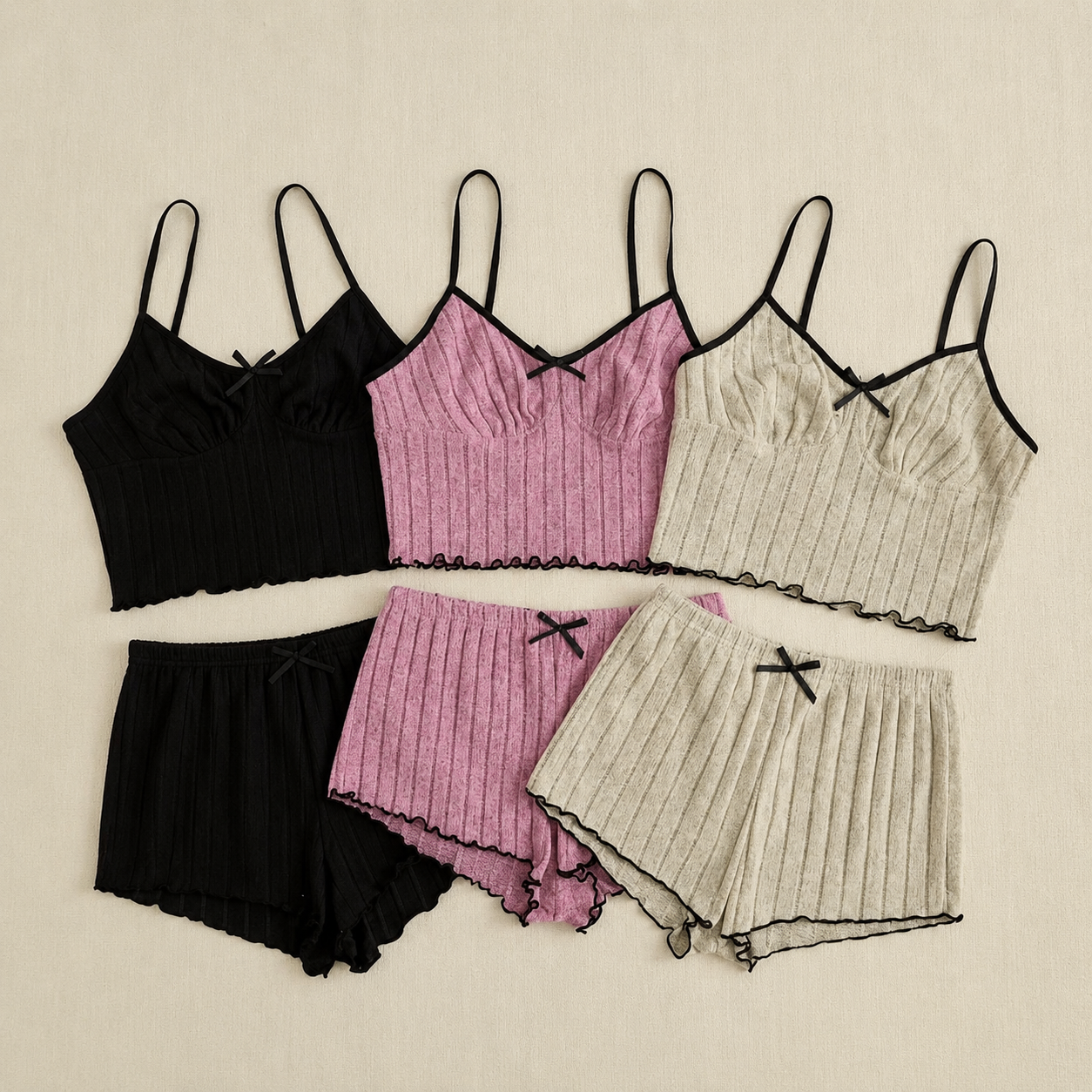 Soft Ribbed Knit Camisole And Suspender Shorts Lounge 6 Piece Set For Women