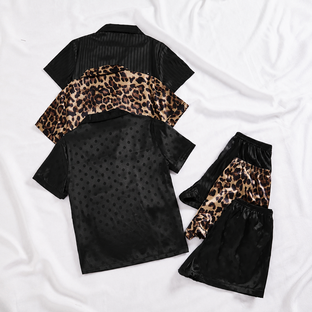 Pack Of 3 Lapel Collar Button Front Pajama Shorts Set With Pocket For Women