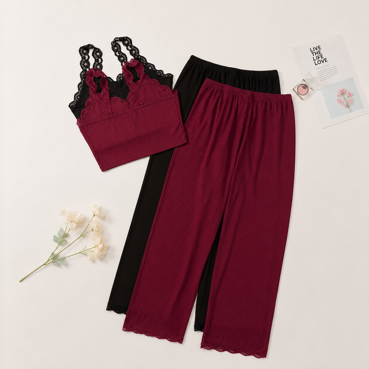 Pack Of 2 Ribbed Lace Trim Detail Lounge Set With Long Pants For Women