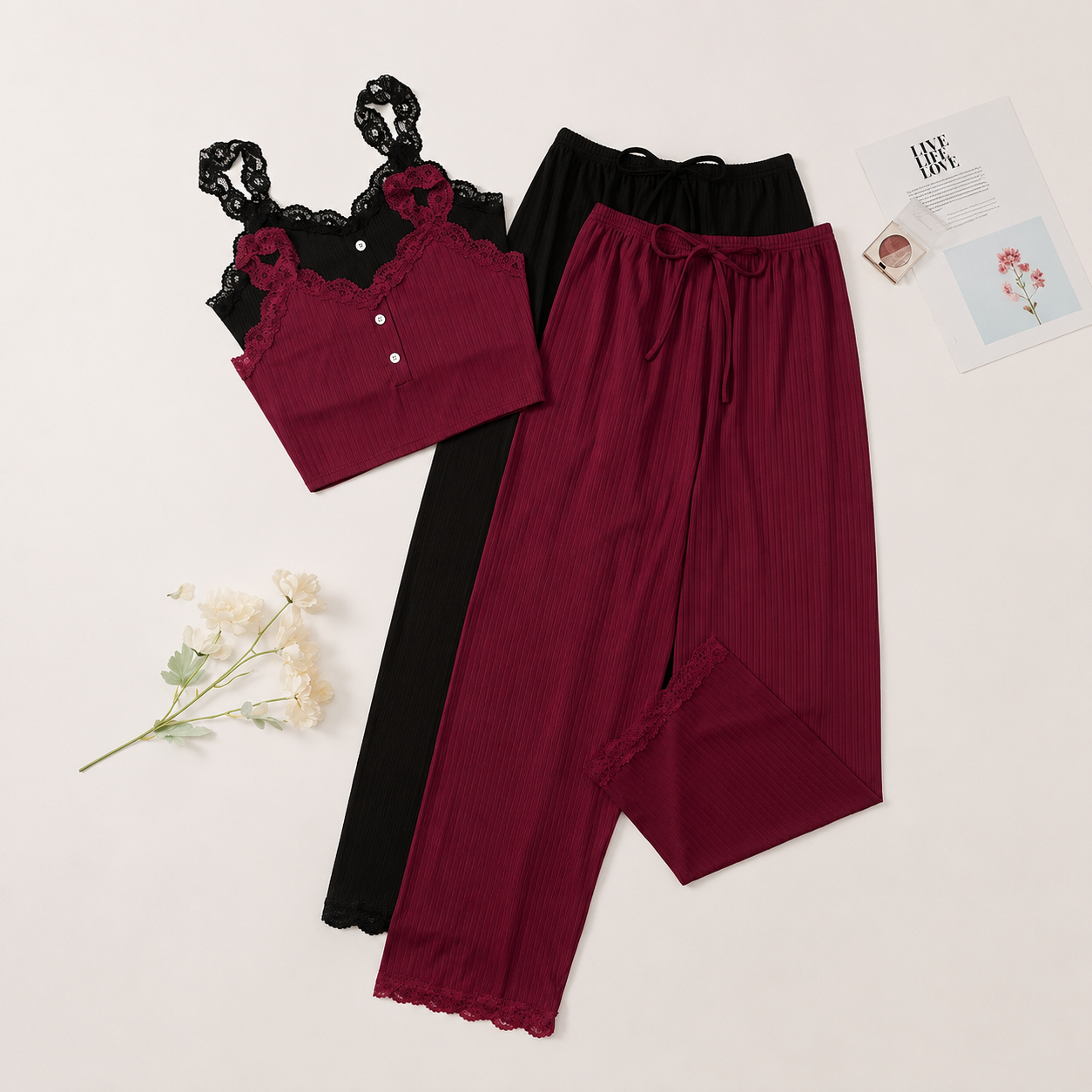 Pack Of 2 Ribbed Lace Trim Detail Lounge Set With Long Pants For Women