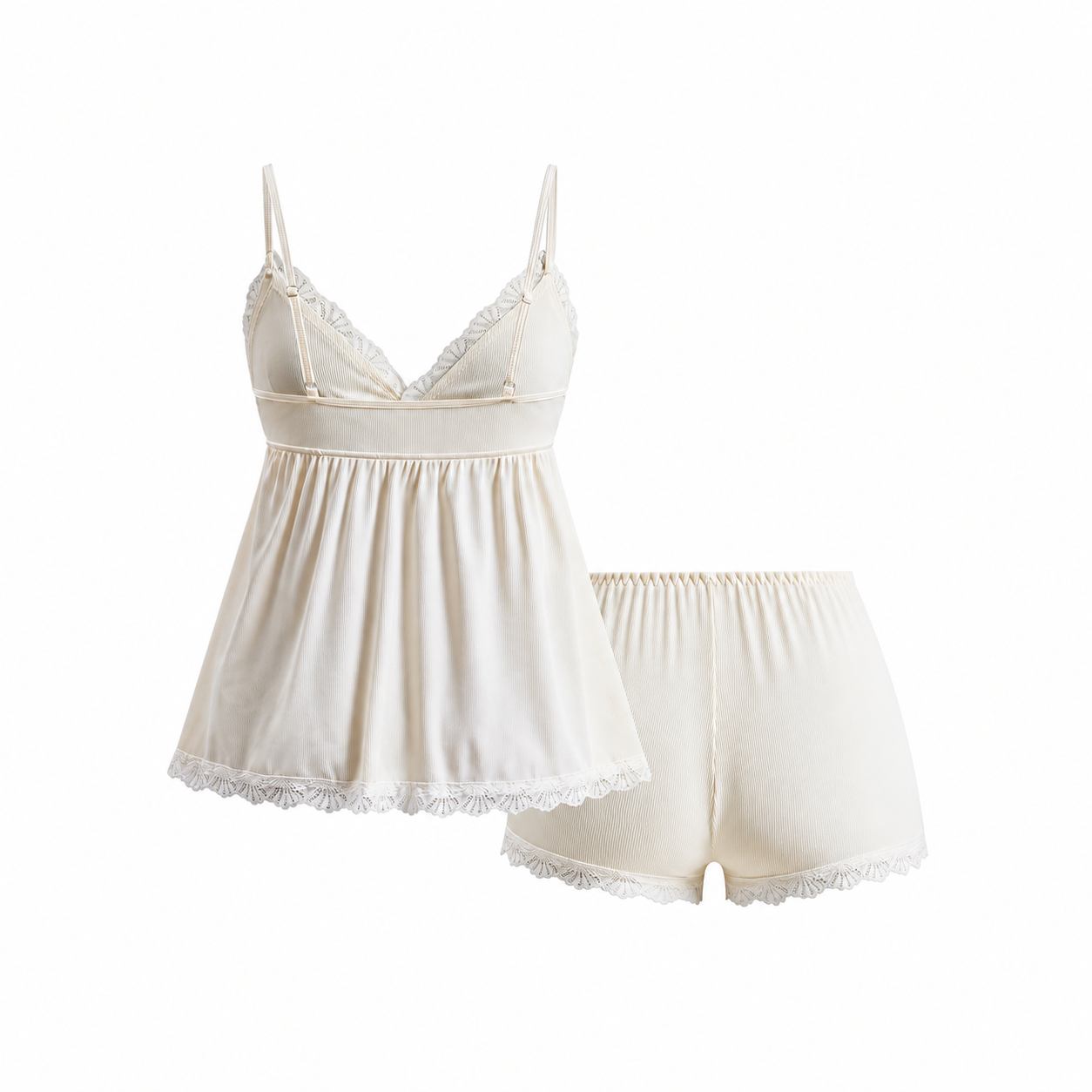 Ribbed Lace Camisole and Shorts 2 Piece Pajama Set for Women