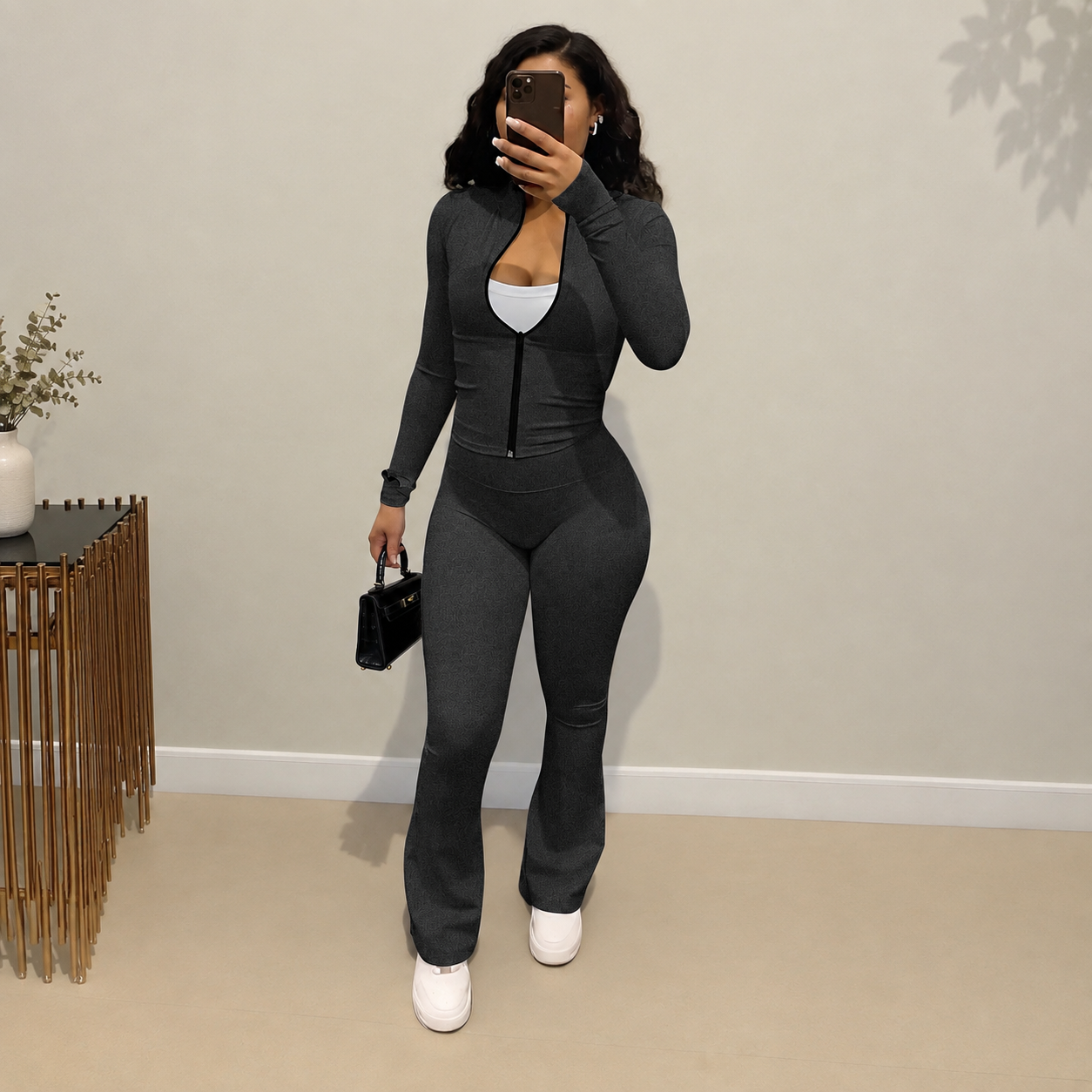 Zip Up Fitted Cardigan Top and Wide Cut Pants 2 Piece Set for Women