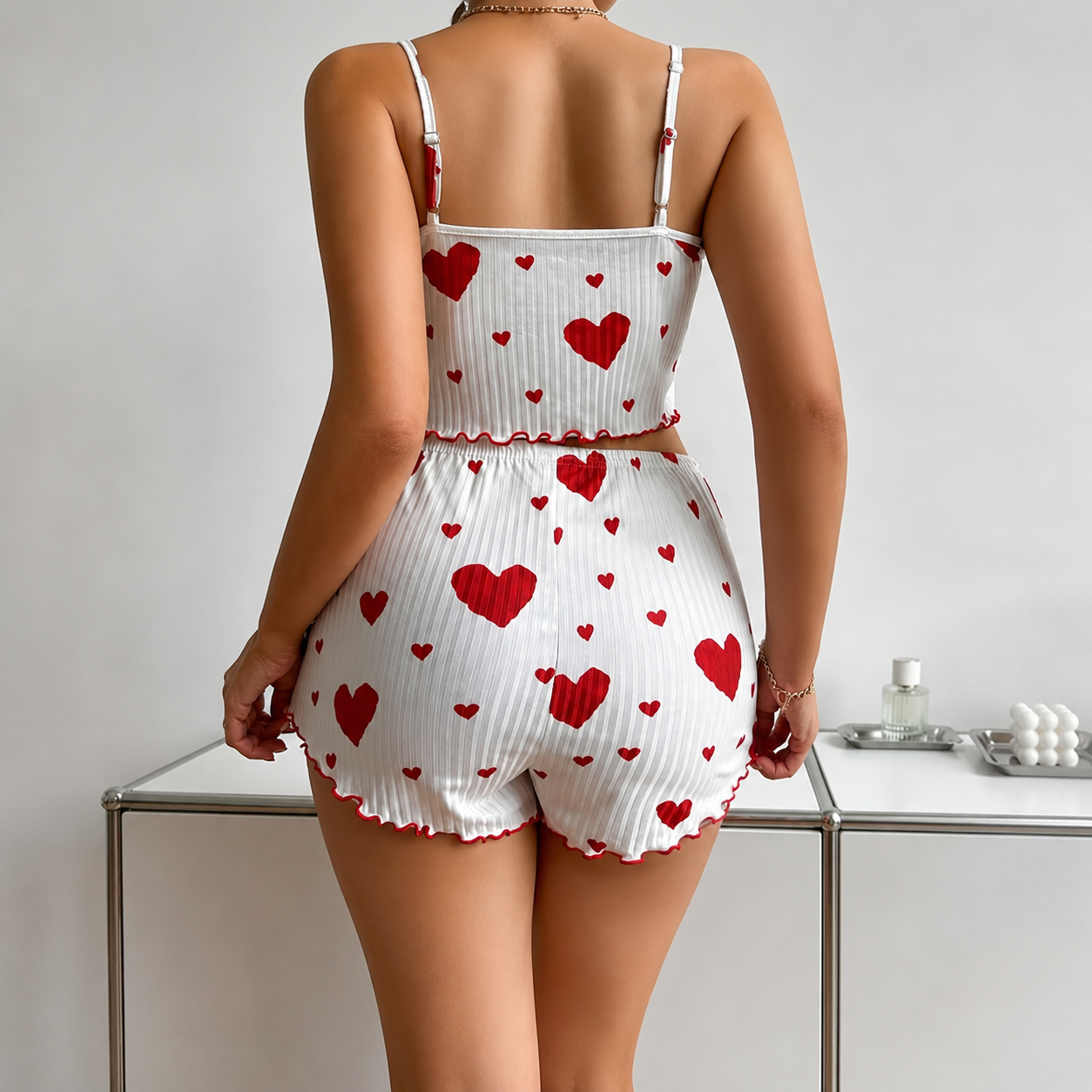 Casual Printed Ribbed Cami And Shorts Pajama Lounge Set For Women