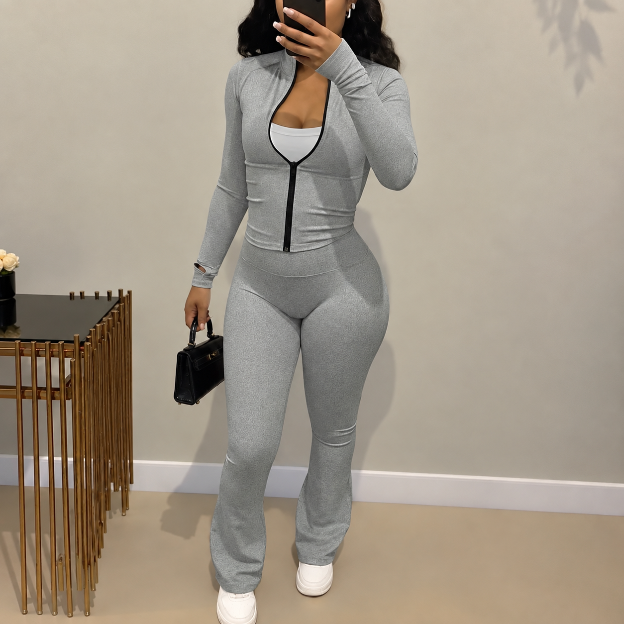 Zip Up Fitted Cardigan Top and Wide Cut Pants 2 Piece Set for Women