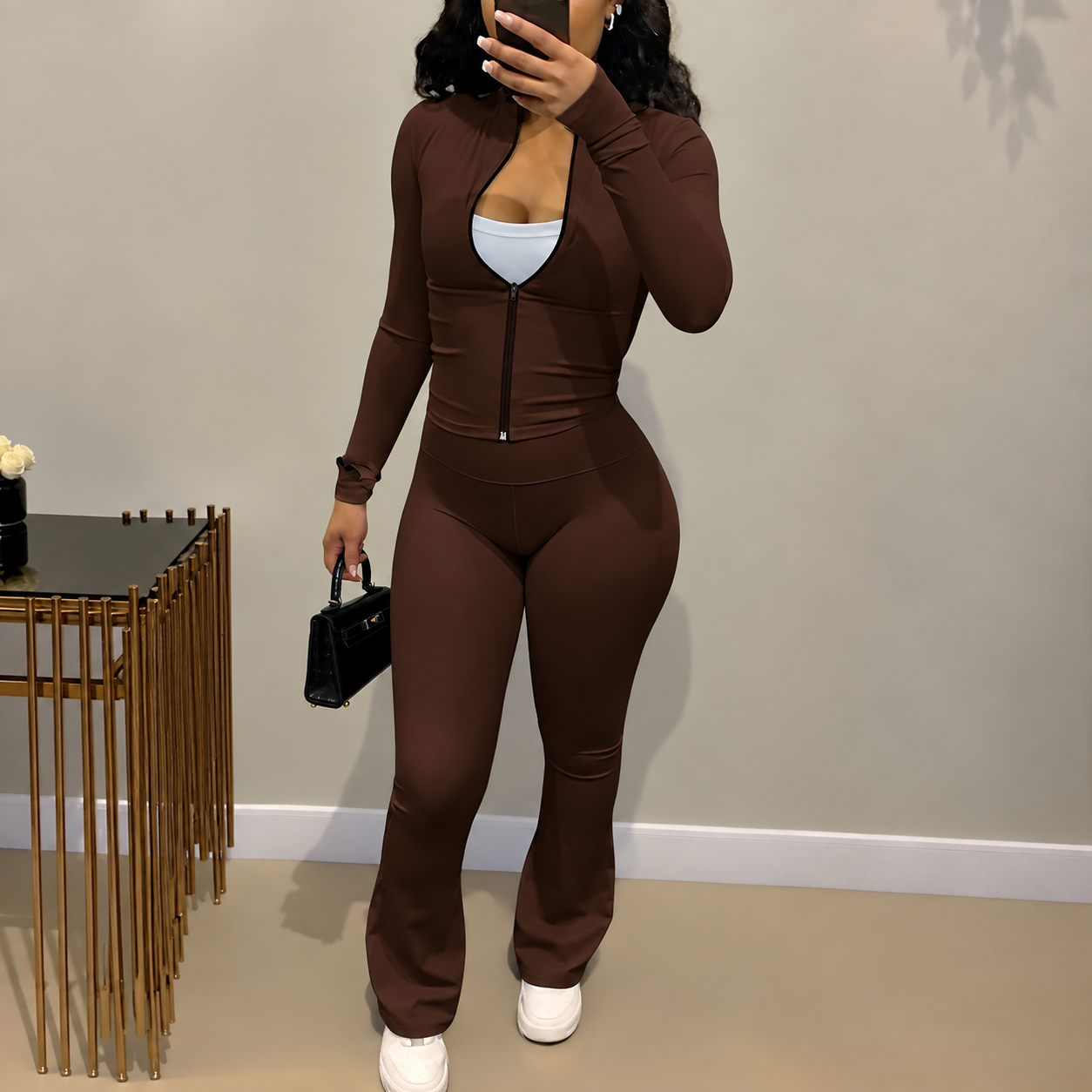 Zip Up Fitted Cardigan Top and Wide Cut Pants 2 Piece Set for Women