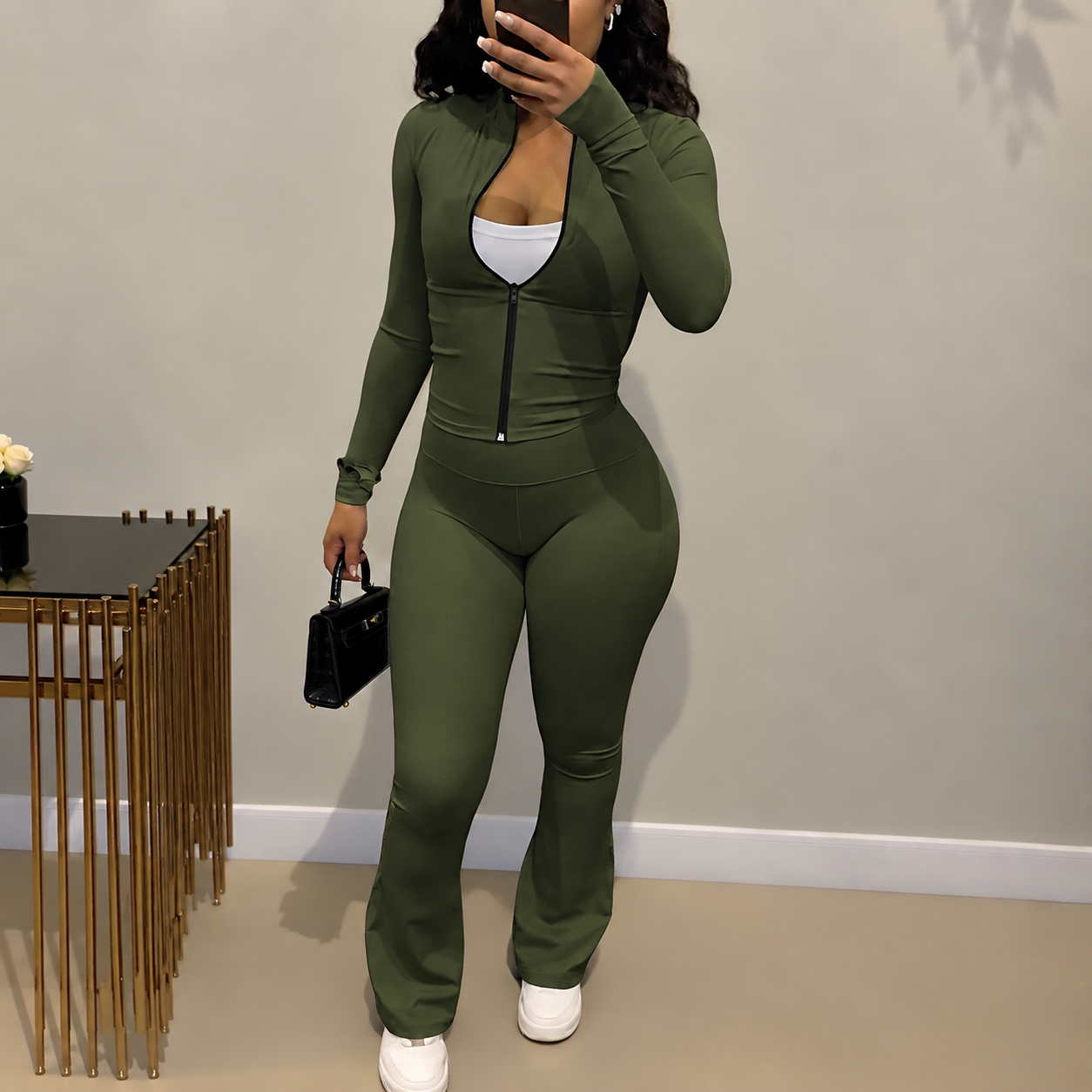 Zip Up Fitted Cardigan Top and Wide Cut Pants 2 Piece Set for Women