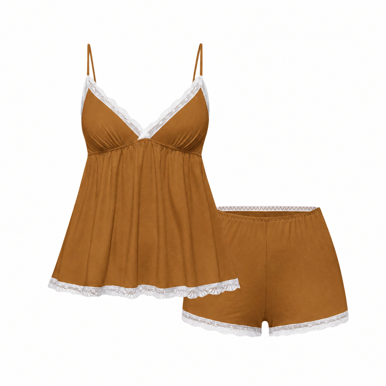 Ribbed Lace Camisole and Shorts 2 Piece Pajama Set for Women