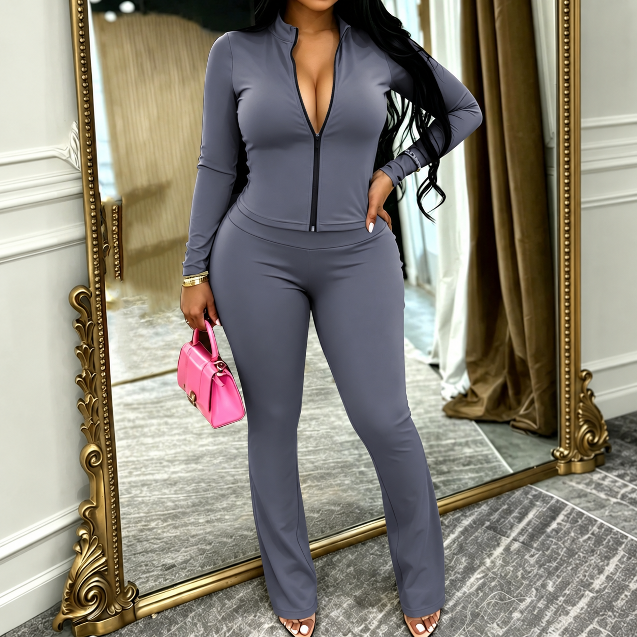Zip Up Fitted Cardigan Top and Wide Cut Pants 2 Piece Set for Women