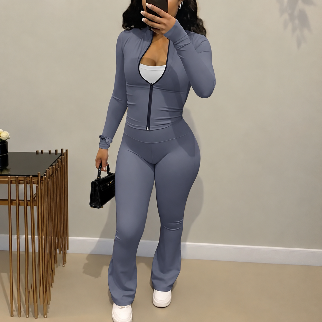 Zip Up Fitted Cardigan Top and Wide Cut Pants 2 Piece Set for Women