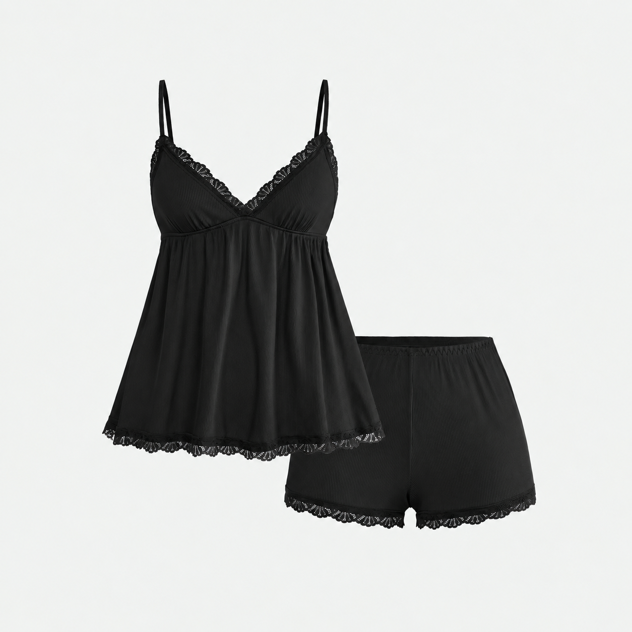 Ribbed Lace Camisole and Shorts 2 Piece Pajama Set for Women
