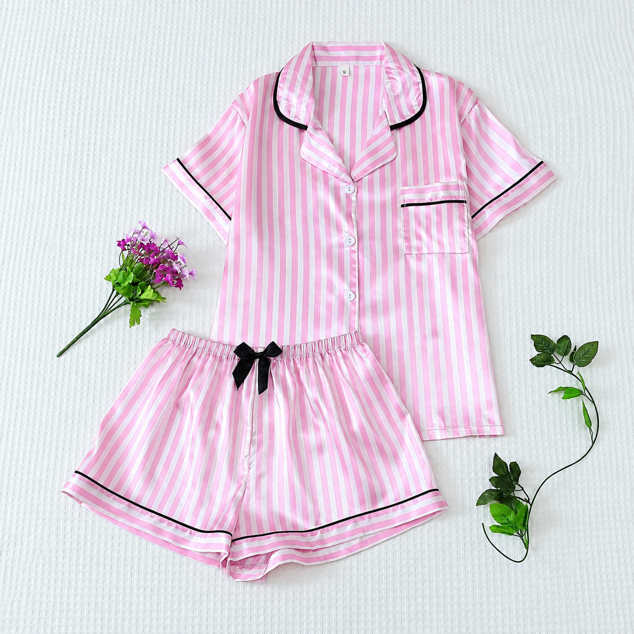 2 Piece Satin Trim Collar Short Sleeve Top And Bow Tie Striped Shorts Pajama Set For Women Summer Loungewear