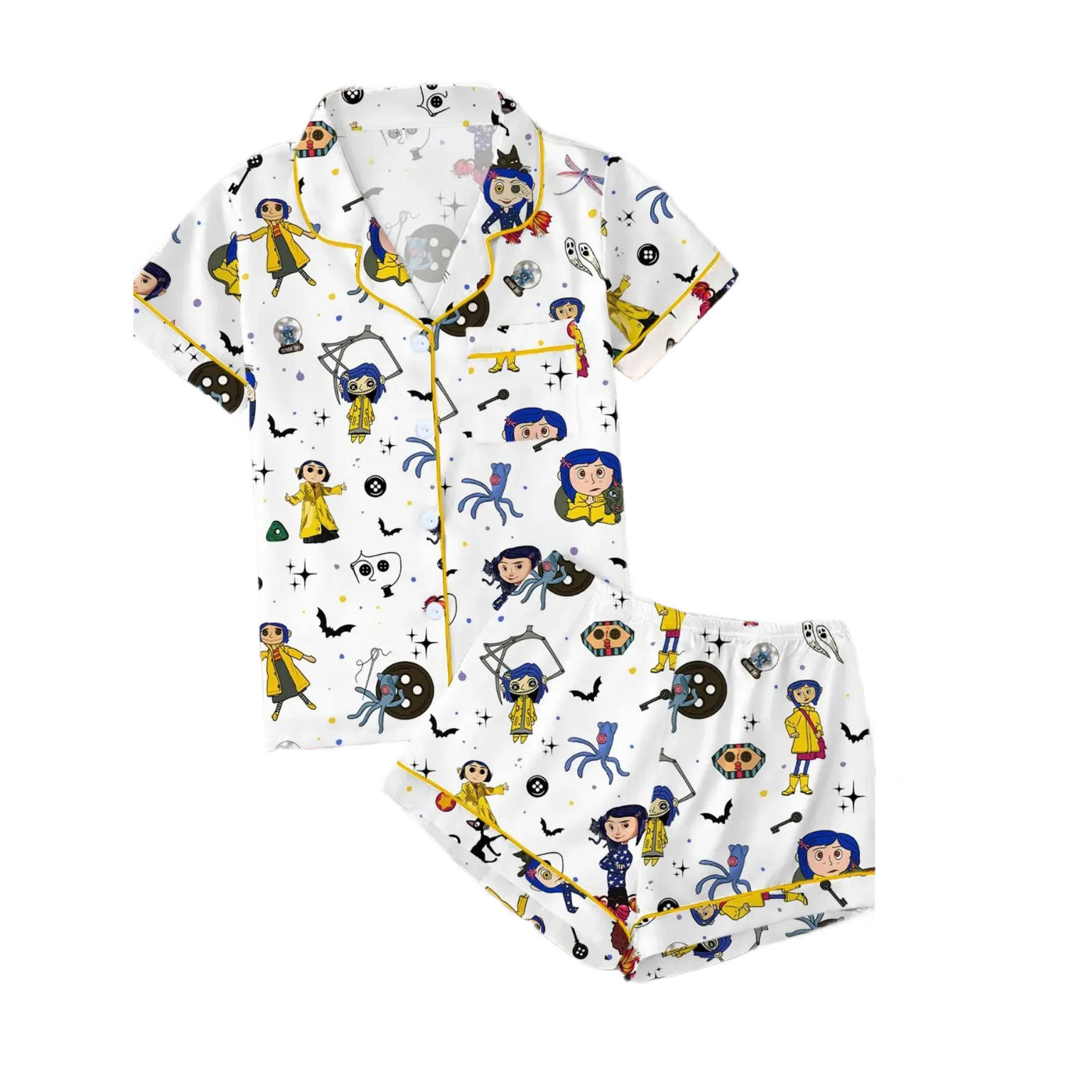 2 Pieces Cartoon Printed Button Front Sleepwear Set For Women