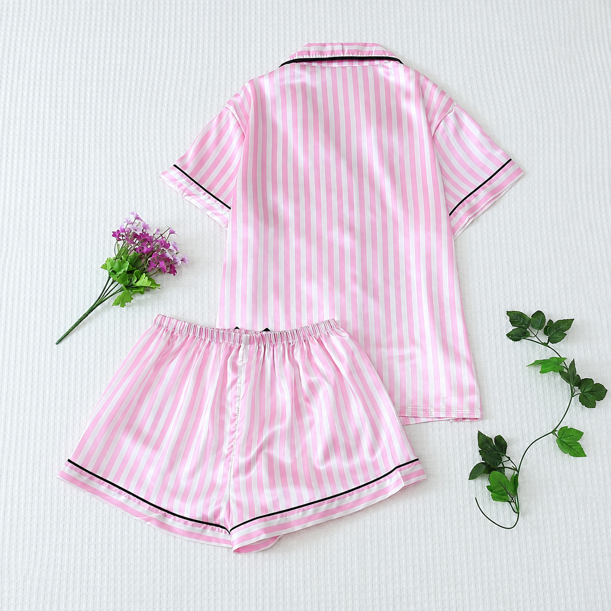 2 Piece Satin Trim Collar Short Sleeve Top And Bow Tie Striped Shorts Pajama Set For Women Summer Loungewear