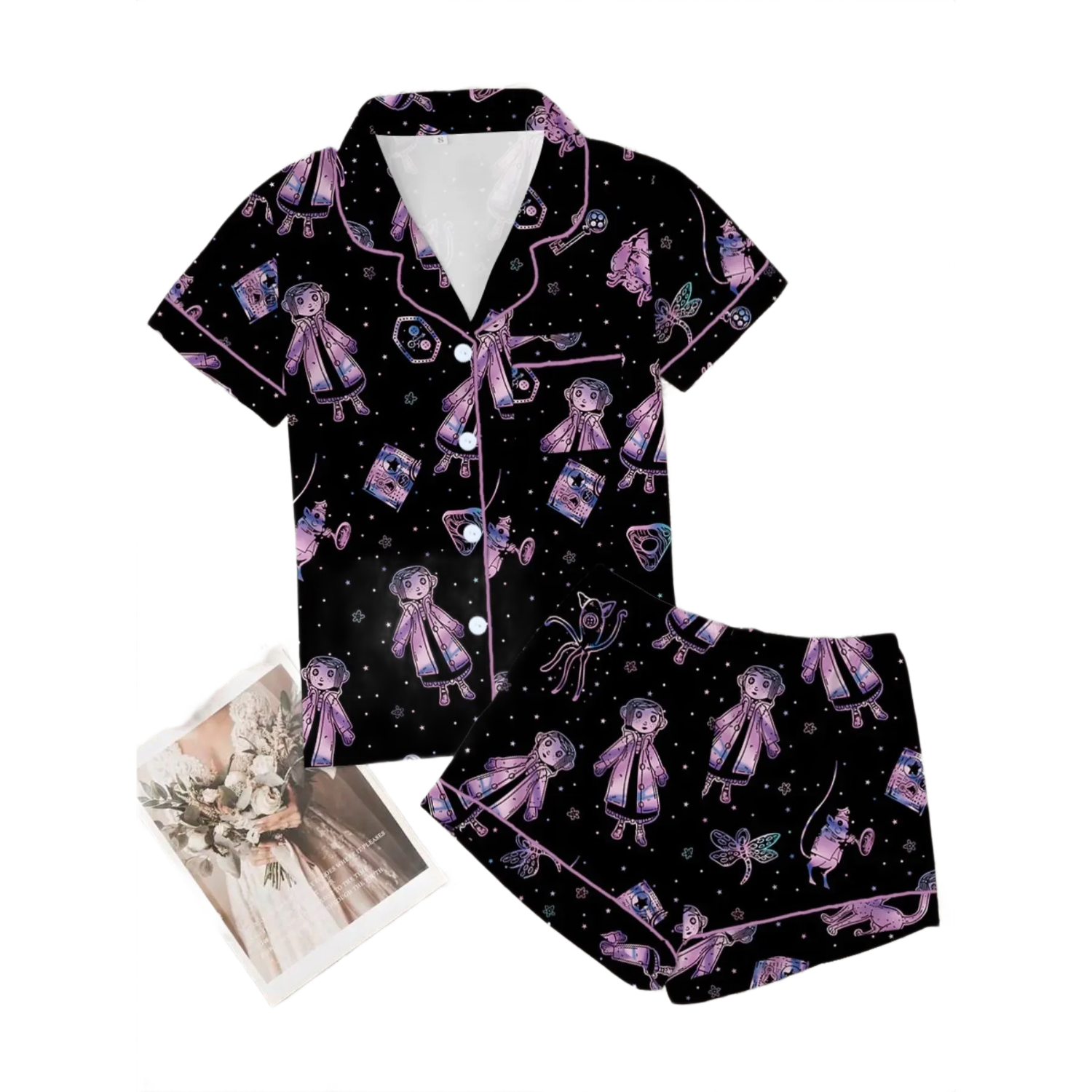 2 Pieces Cartoon Printed Button Front Sleepwear Set For Women