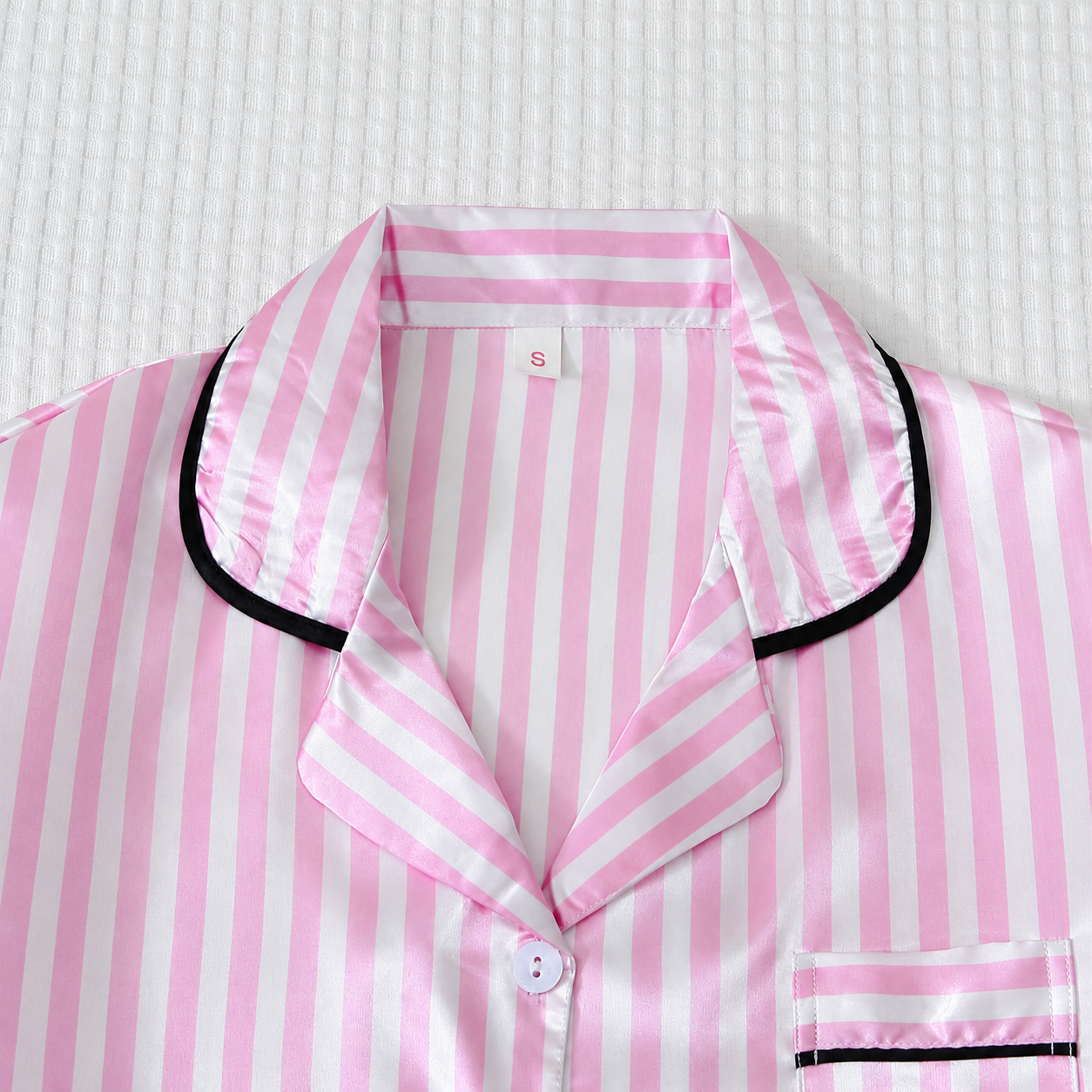 2 Piece Satin Trim Collar Short Sleeve Top And Bow Tie Striped Shorts Pajama Set For Women Summer Loungewear
