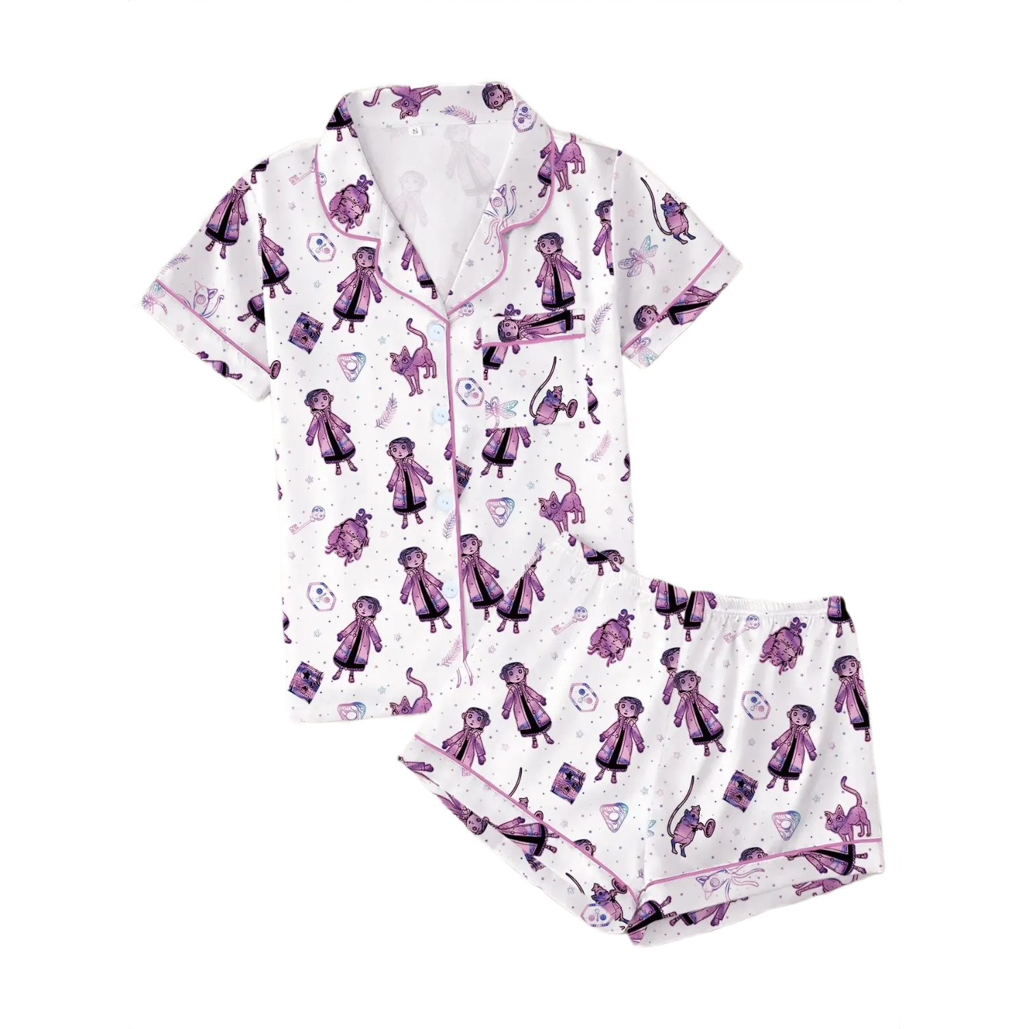 2 Pieces Cartoon Printed Button Front Sleepwear Set For Women