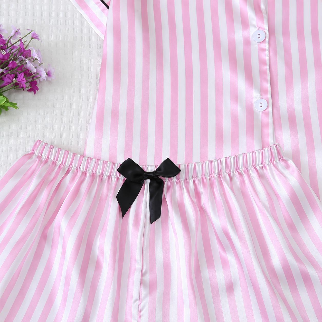 2 Piece Satin Trim Collar Short Sleeve Top And Bow Tie Striped Shorts Pajama Set For Women Summer Loungewear