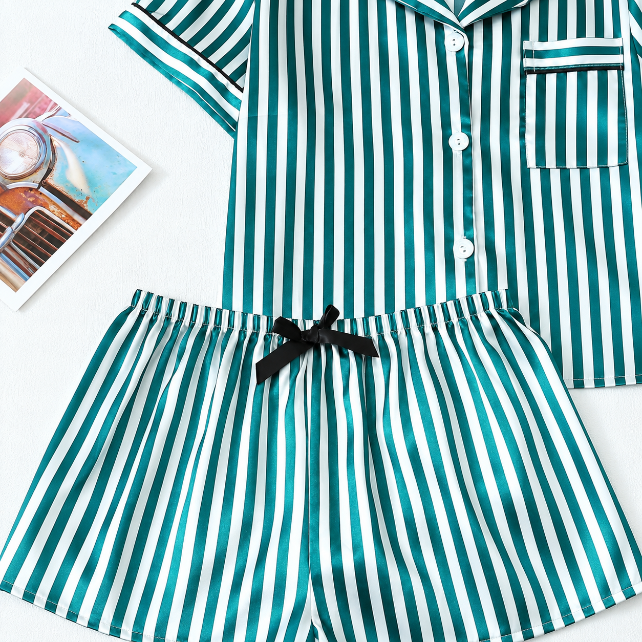 2 Piece Satin Trim Collar Short Sleeve Top And Bow Tie Striped Shorts Pajama Set For Women Summer Loungewear