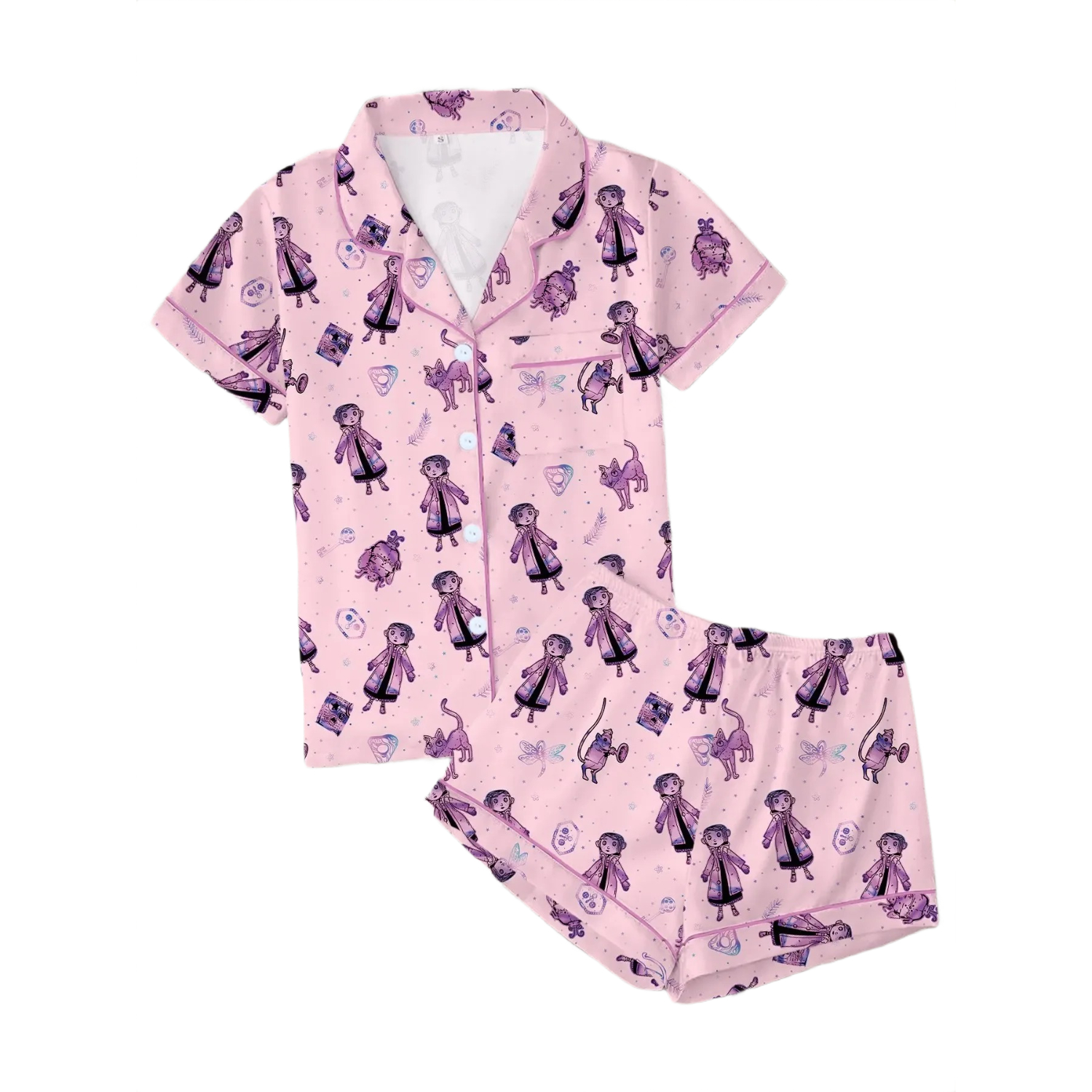 2 Pieces Cartoon Printed Button Front Sleepwear Set For Women