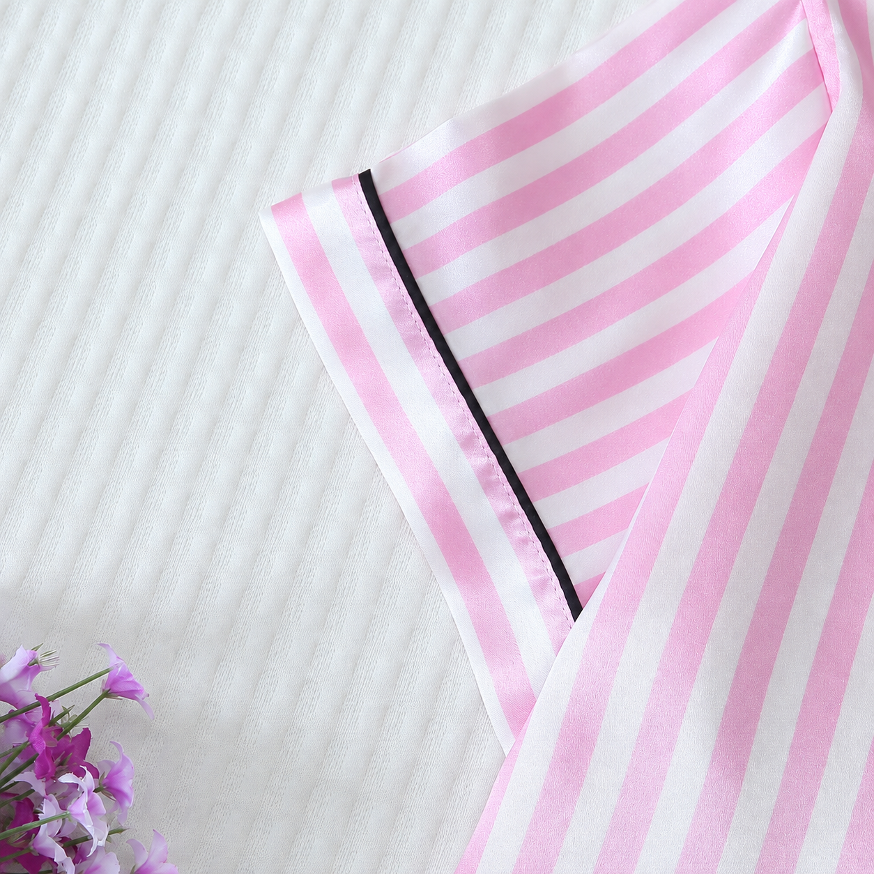 2 Piece Satin Trim Collar Short Sleeve Top And Bow Tie Striped Shorts Pajama Set For Women Summer Loungewear