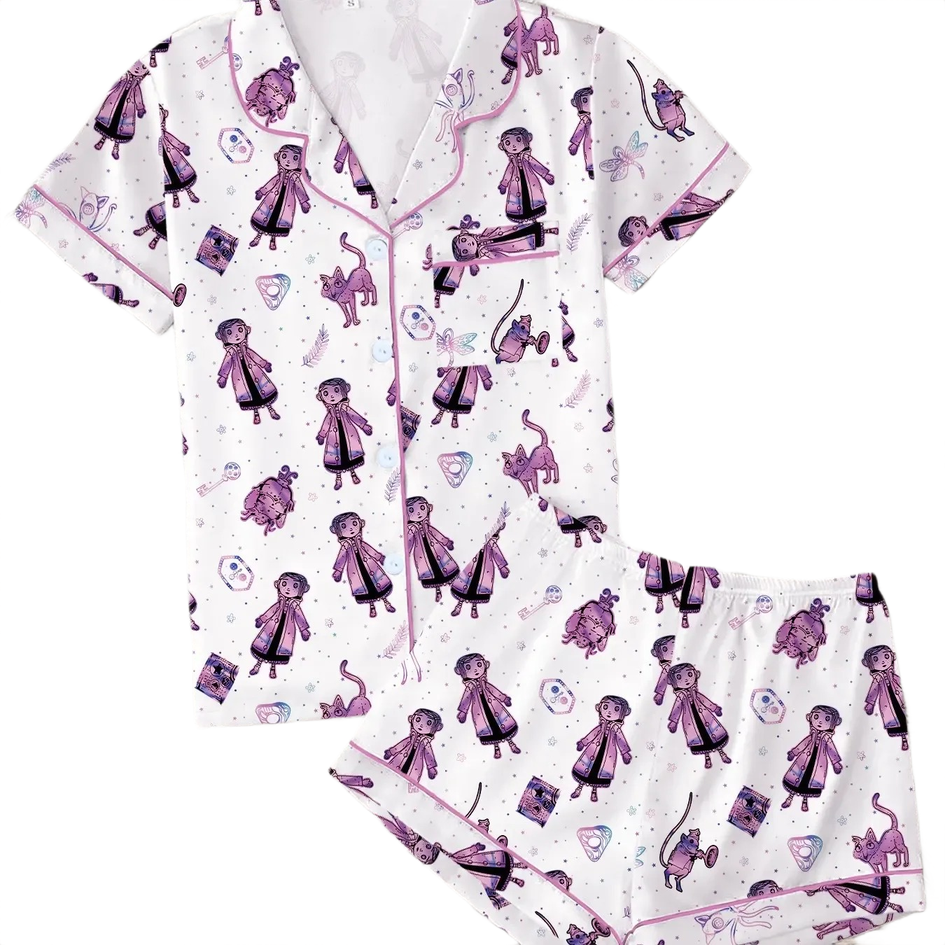 2 Pieces Cartoon Printed Button Front Sleepwear Set For Women