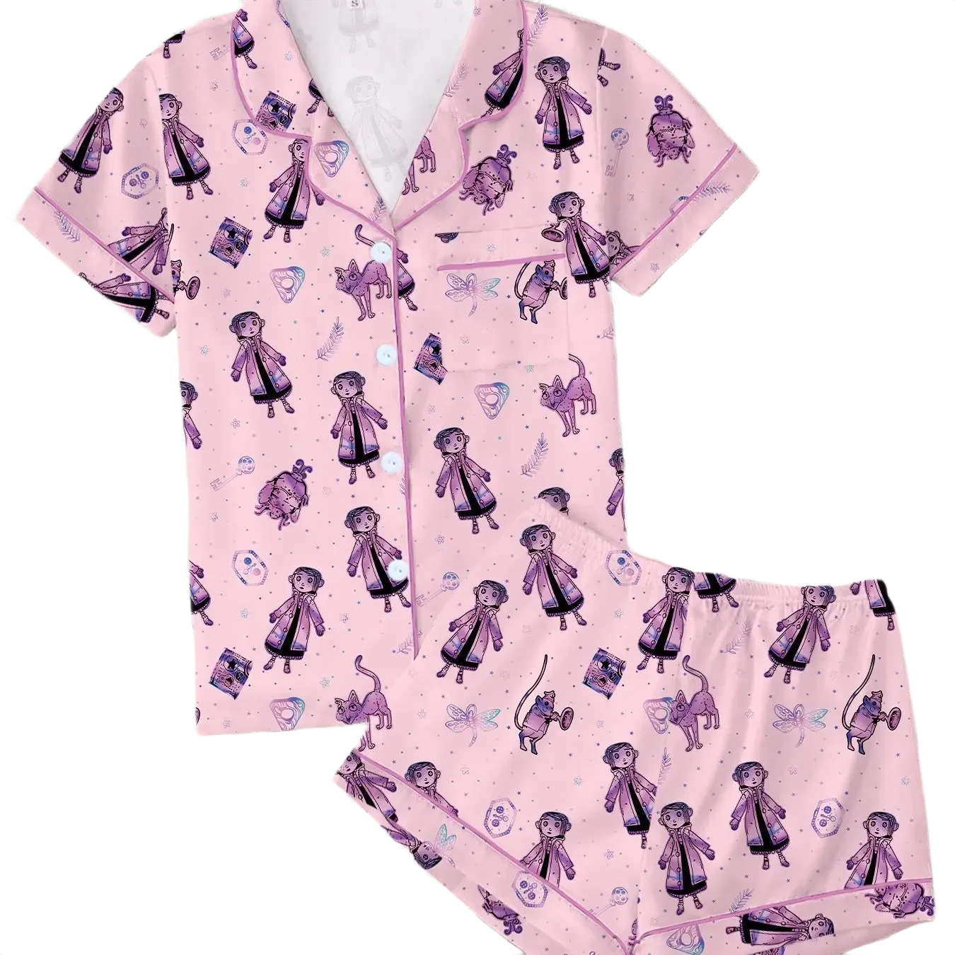 2 Pieces Cartoon Printed Button Front Sleepwear Set For Women