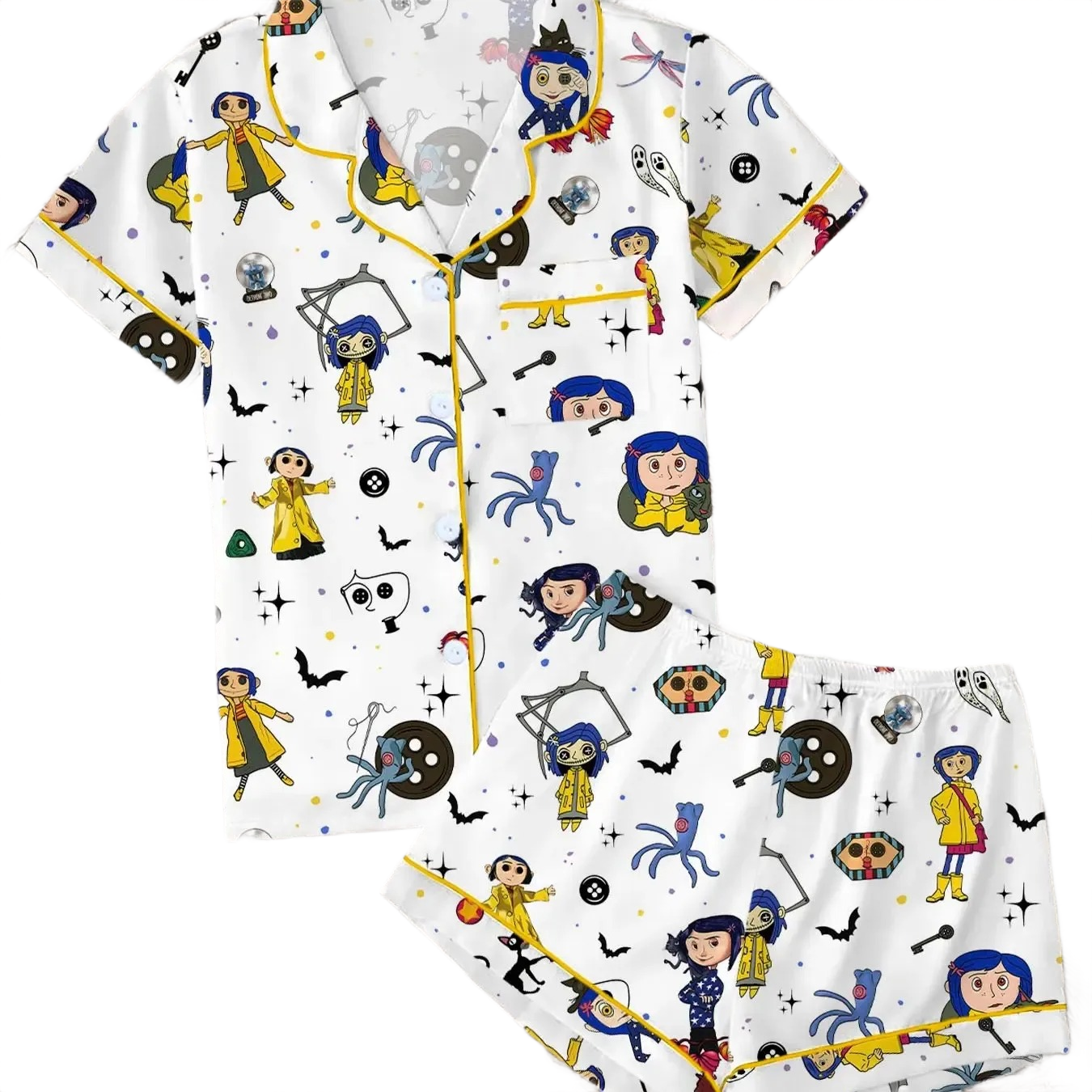 2 Pieces Cartoon Printed Button Front Sleepwear Set For Women