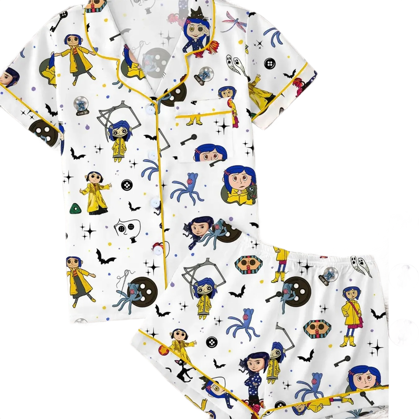 2 Pieces Cartoon Printed Button Front Sleepwear Set For Women