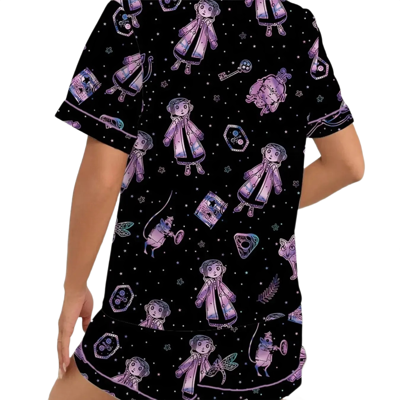 2 Pieces Cartoon Printed Button Front Sleepwear Set For Women