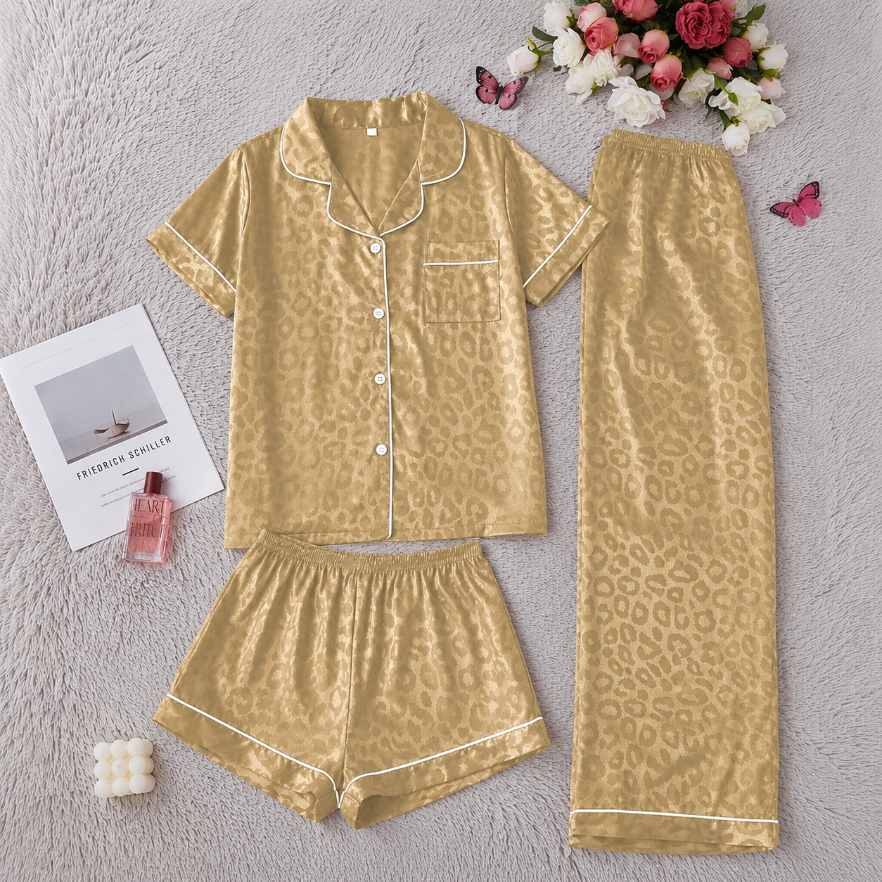 3 Piece Of Printed Short Sleeve Sleep Pajama Set With Shorts And Full Length Pants For Women