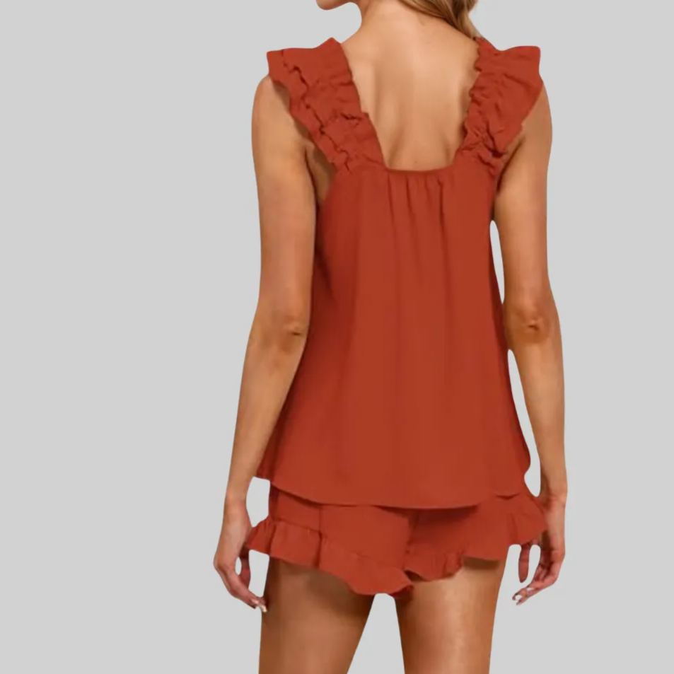 Women Ruffle Pajama Set 2 Piece Soft Tank Top And Shorts Sleepwear