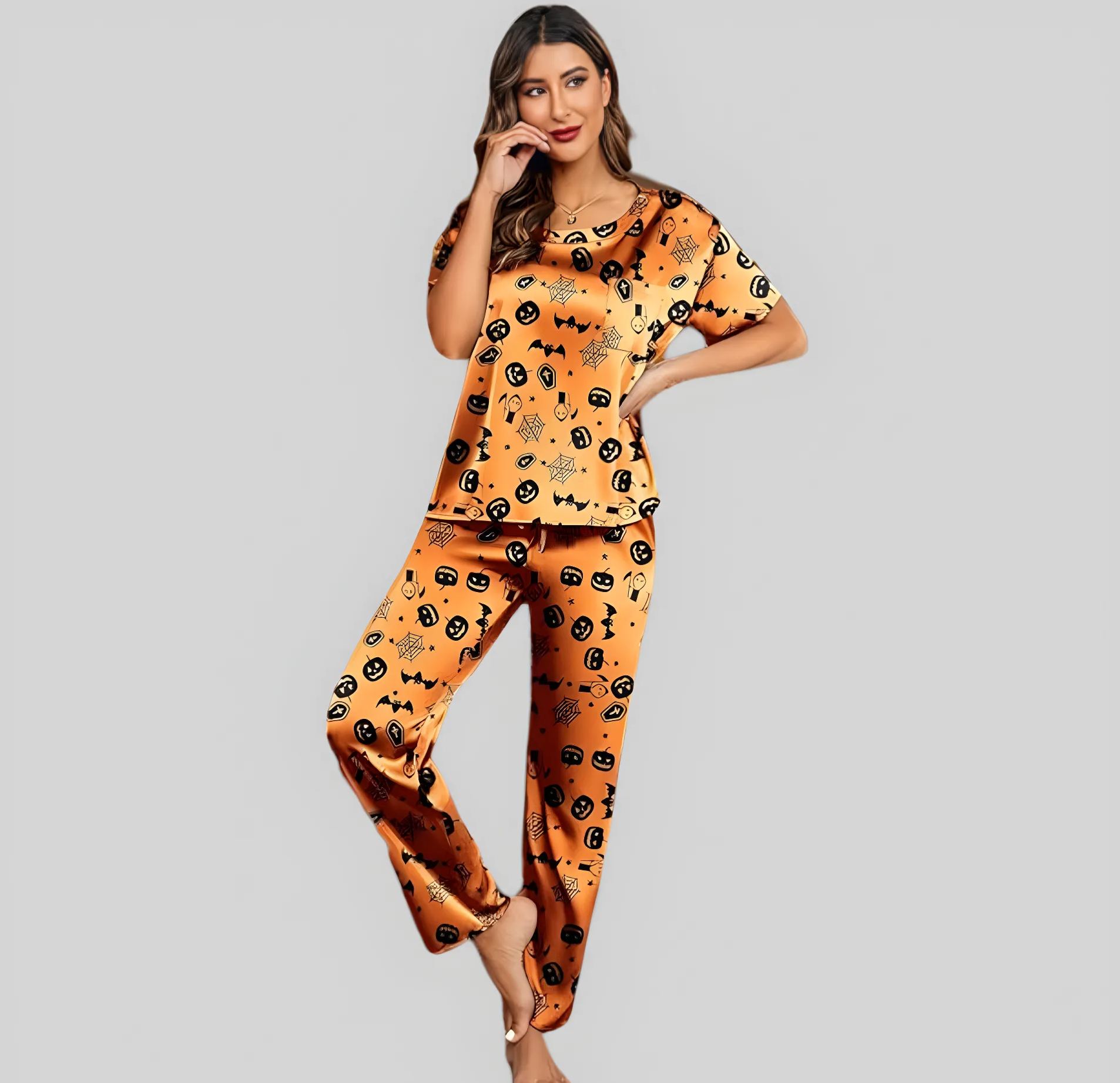 Women Satin Pajama Set Short Sleeve Top with Long Pants Sleepwear