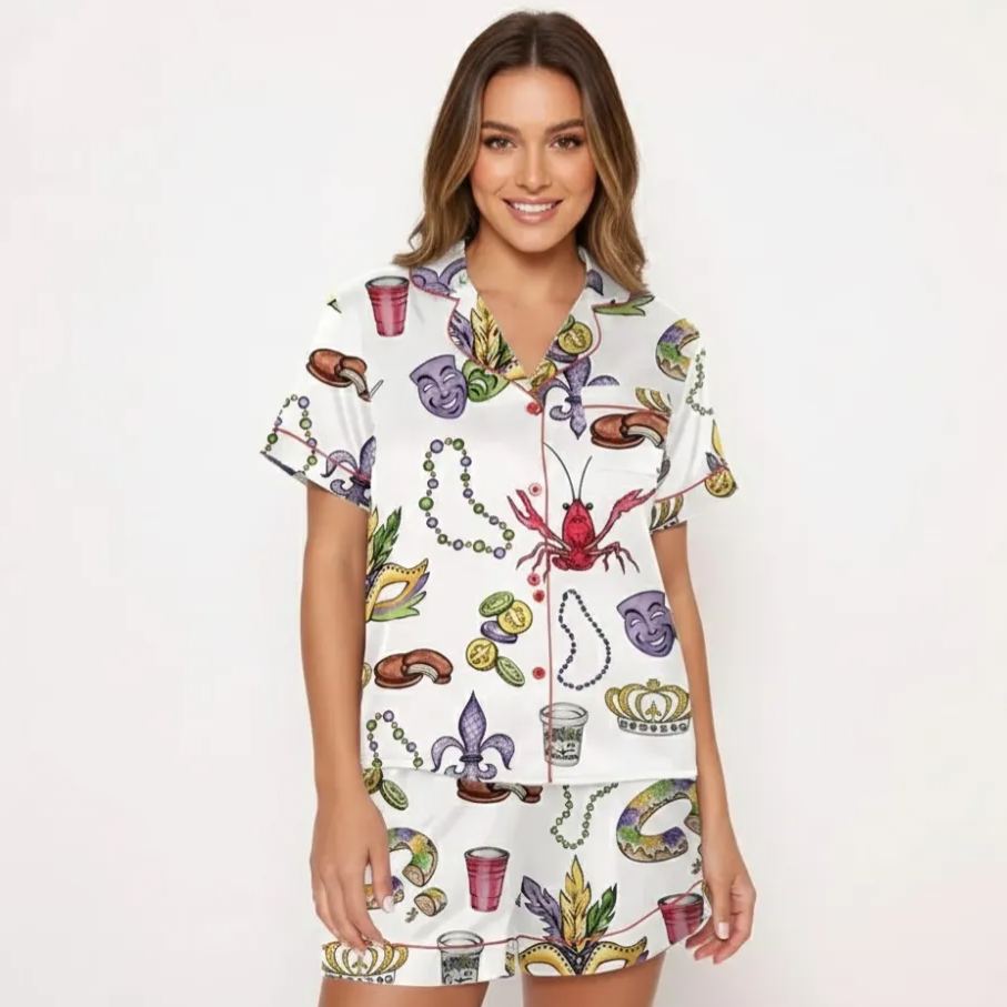 Short Sleeve Printed Satin Pajama Set For Women
