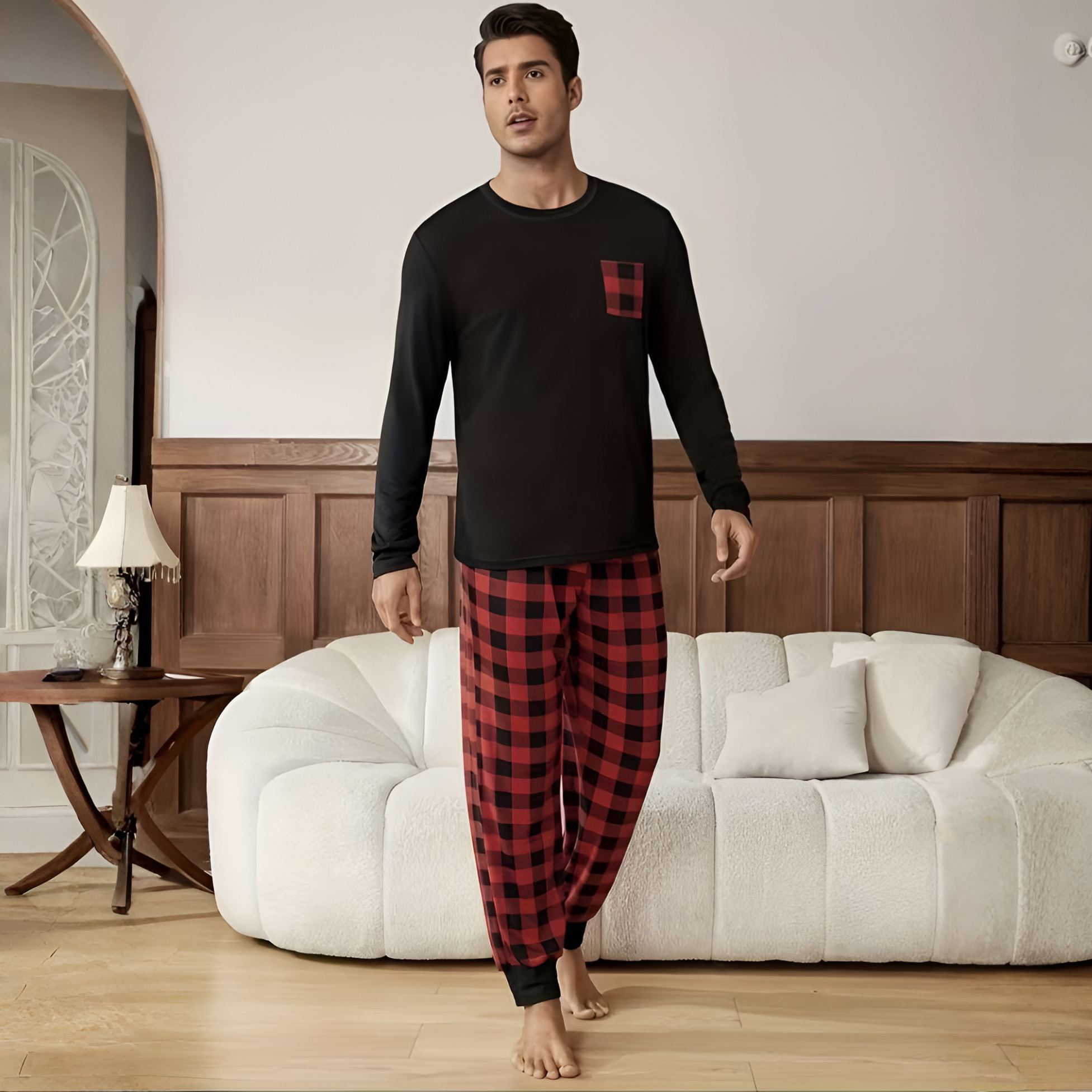 Plaid Pocket Long Sleeve Pajama Set For Couple