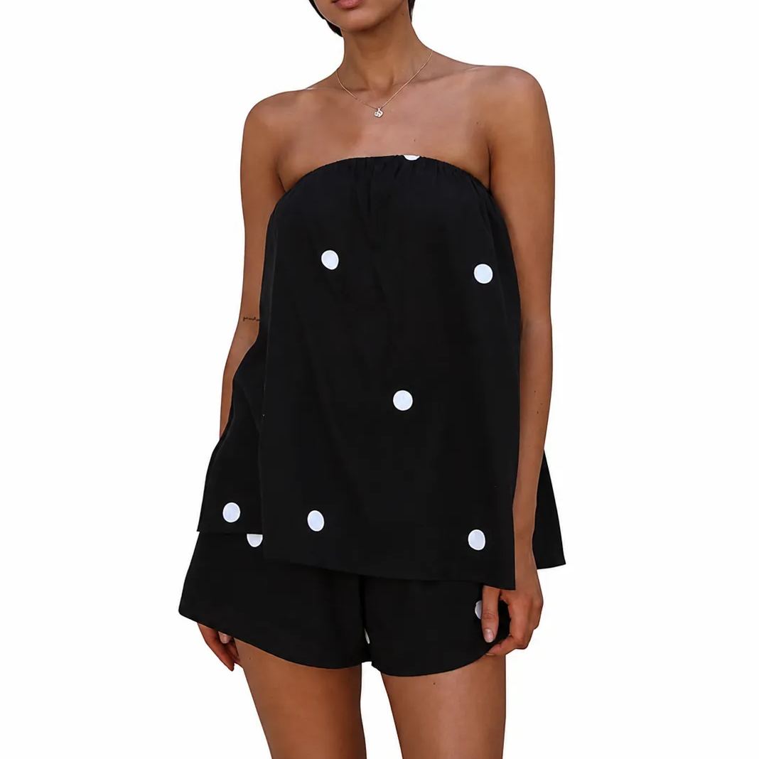 Polka Dot Print Summer Strapless Shorts Lounge Vacation Outfit Sets