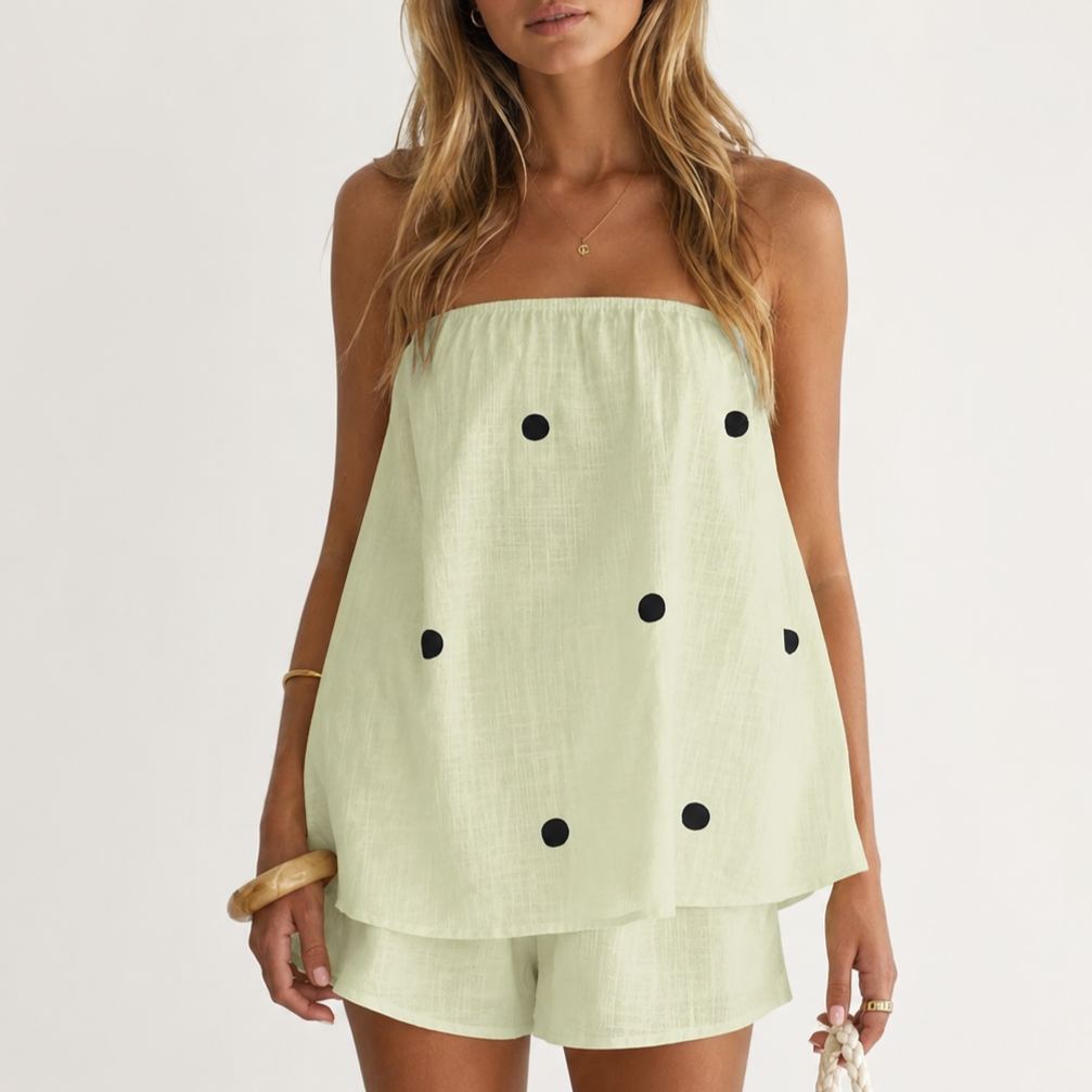 Polka Dot Print Summer Strapless Shorts Lounge Vacation Outfit Sets