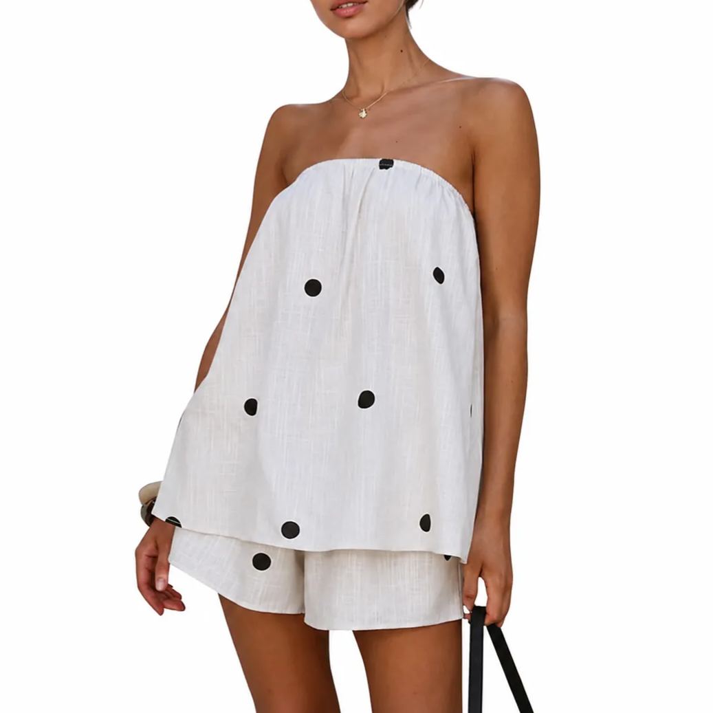 Polka Dot Print Summer Strapless Shorts Lounge Vacation Outfit Sets