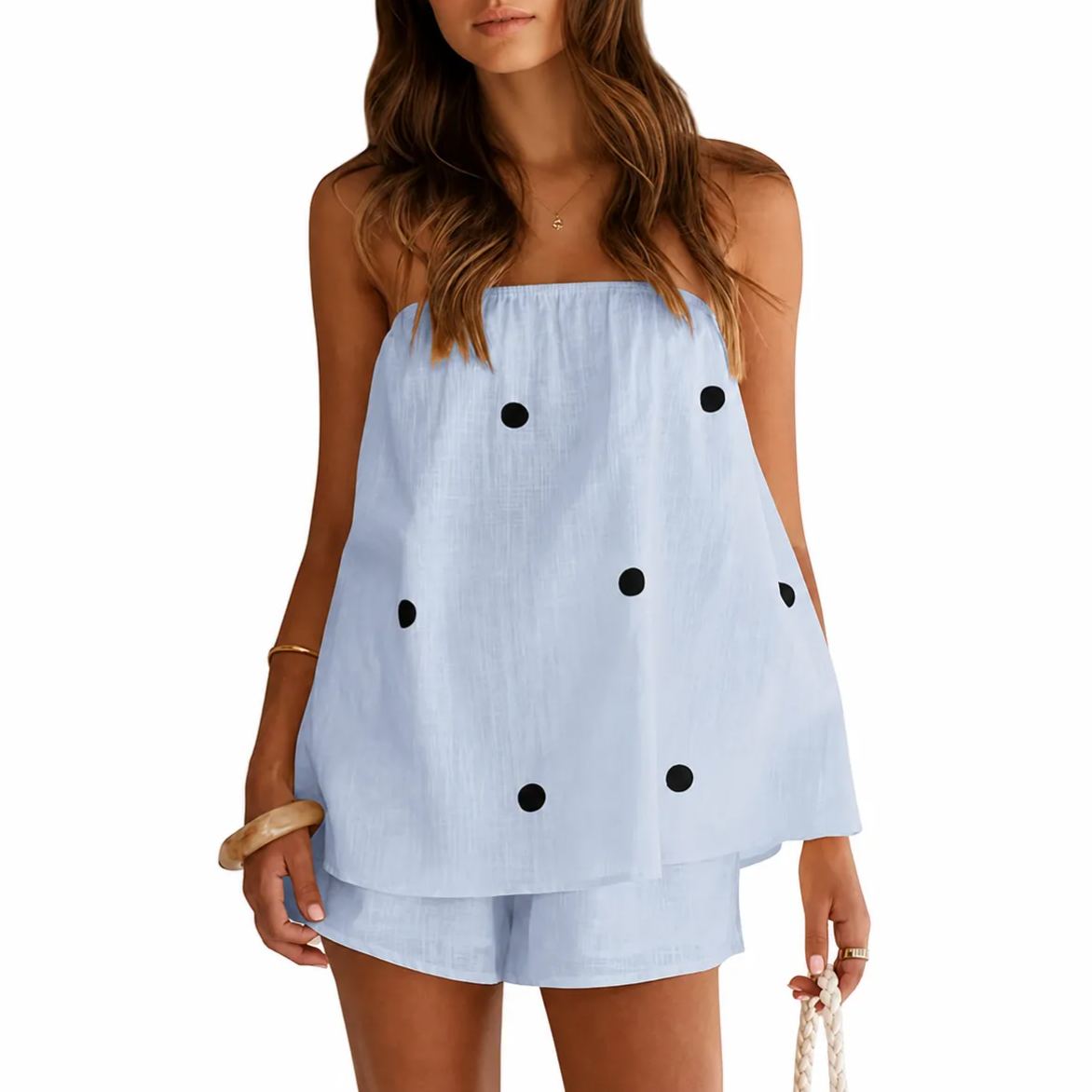 Polka Dot Print Summer Strapless Shorts Lounge Vacation Outfit Sets