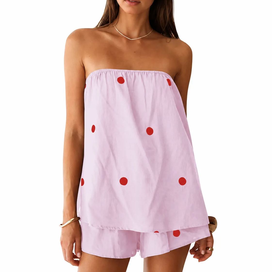 Polka Dot Print Summer Strapless Shorts Lounge Vacation Outfit Sets