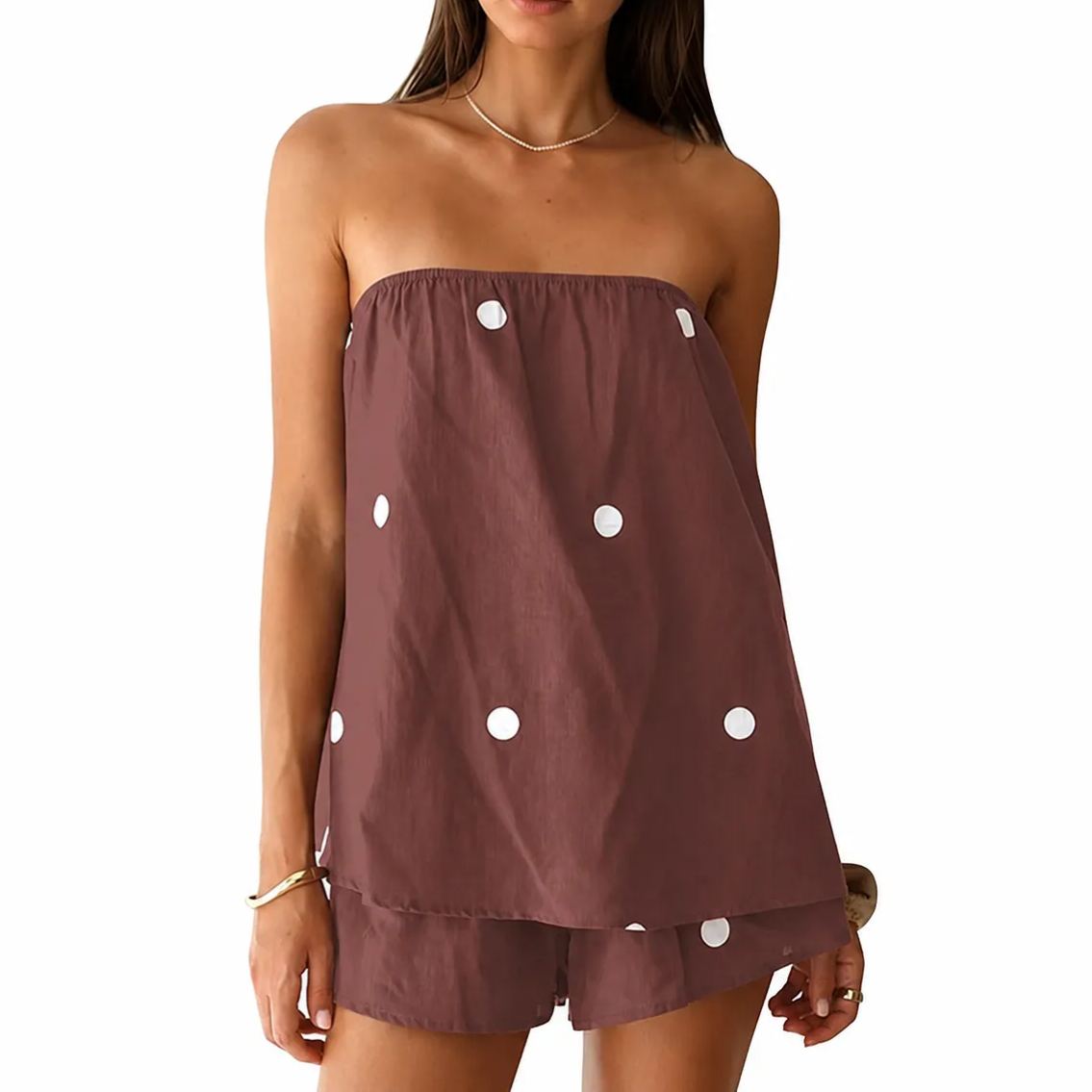 Polka Dot Print Summer Strapless Shorts Lounge Vacation Outfit Sets