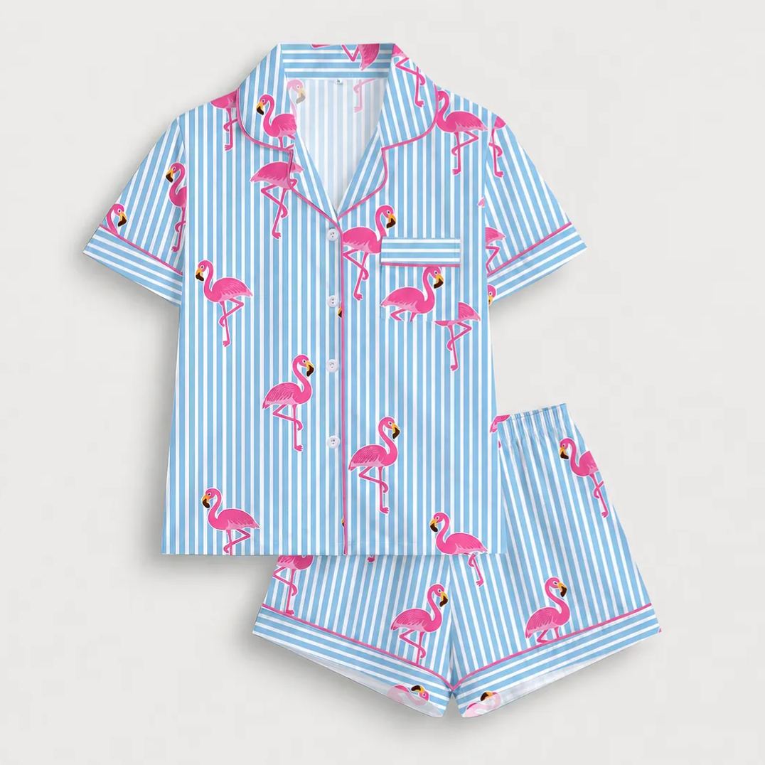 2 Piece Flamingo Printed Pajama Set With Collared Top