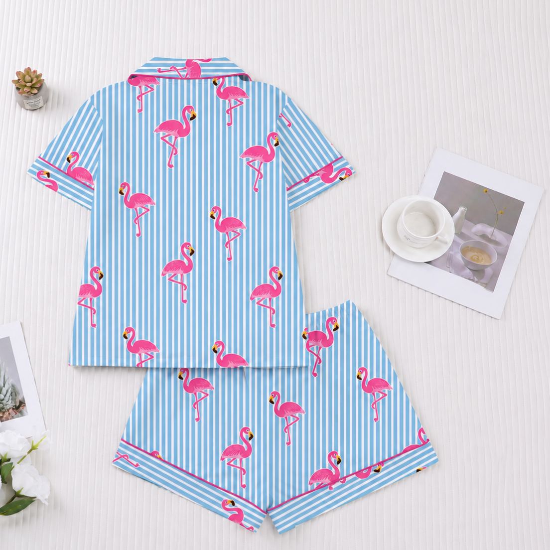 2 Piece Flamingo Printed Pajama Set With Collared Top