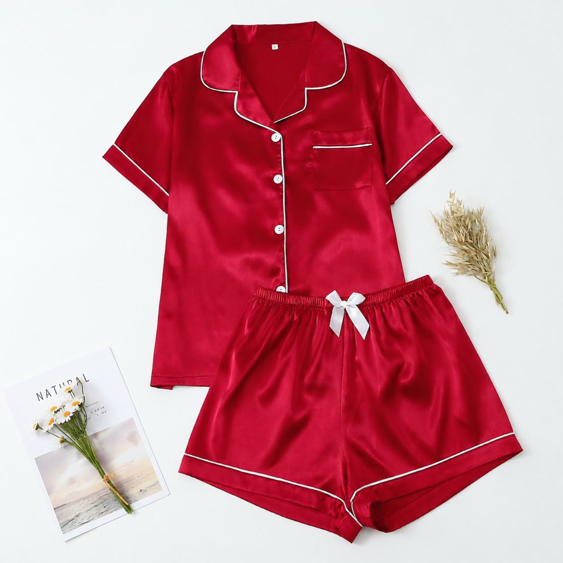 Casual Button Up Top And Shorts Sleepwear Set For Women