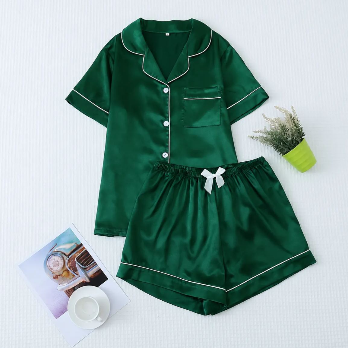 Casual Button Up Top And Shorts Sleepwear Set For Women