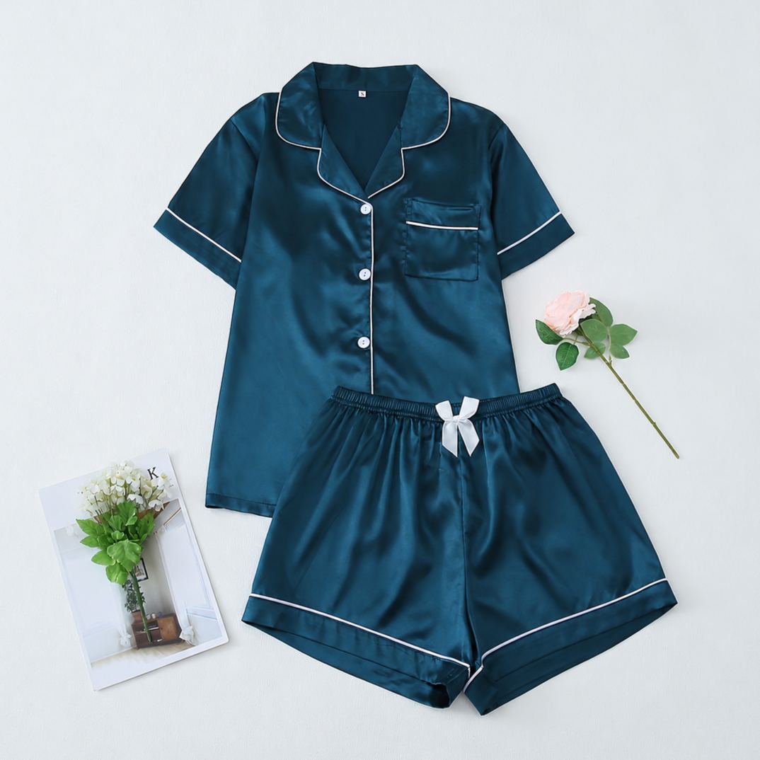 Casual Button Up Top And Shorts Sleepwear Set For Women