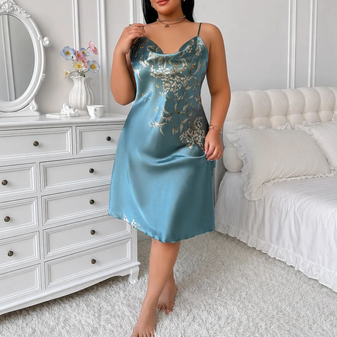 Floral Print Draped Collar Camisole Nightgown For Women 