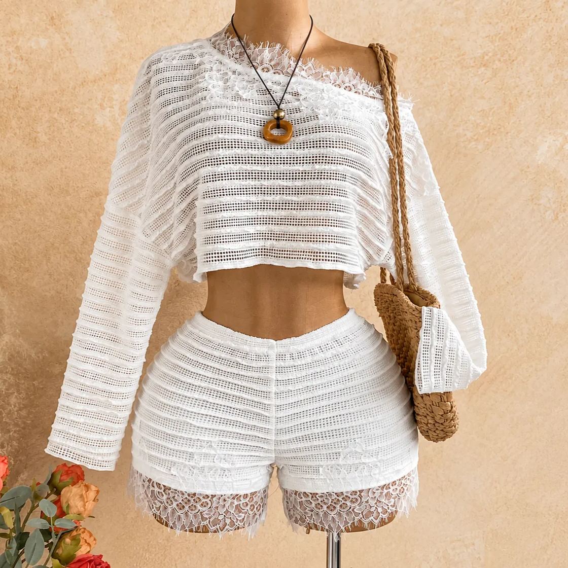 2 Pieces Asymmetric Collar Top And Shorts Set For Women