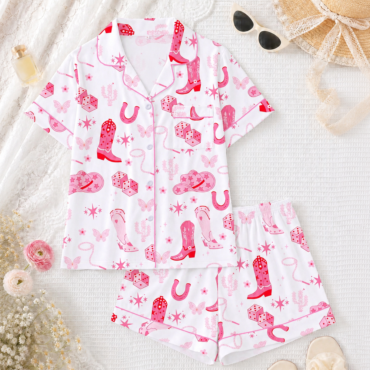 Casual Printed Short Sleeve Shirt And Shorts Pajama Set For Women