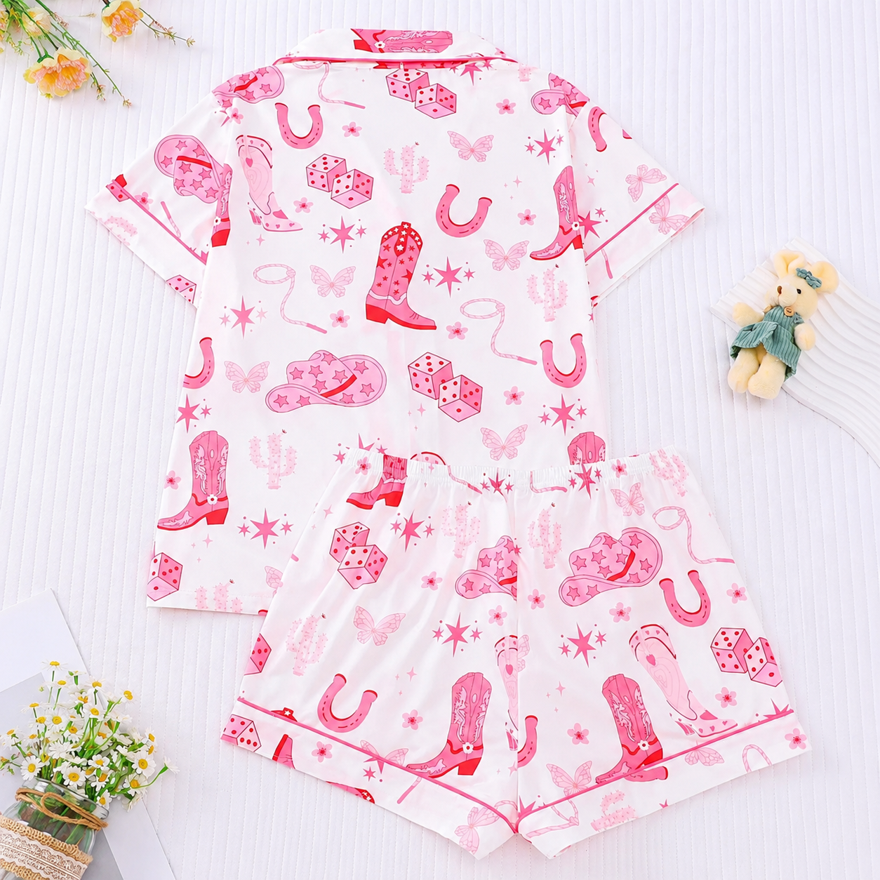 Casual Printed Short Sleeve Shirt And Shorts Pajama Set For Women